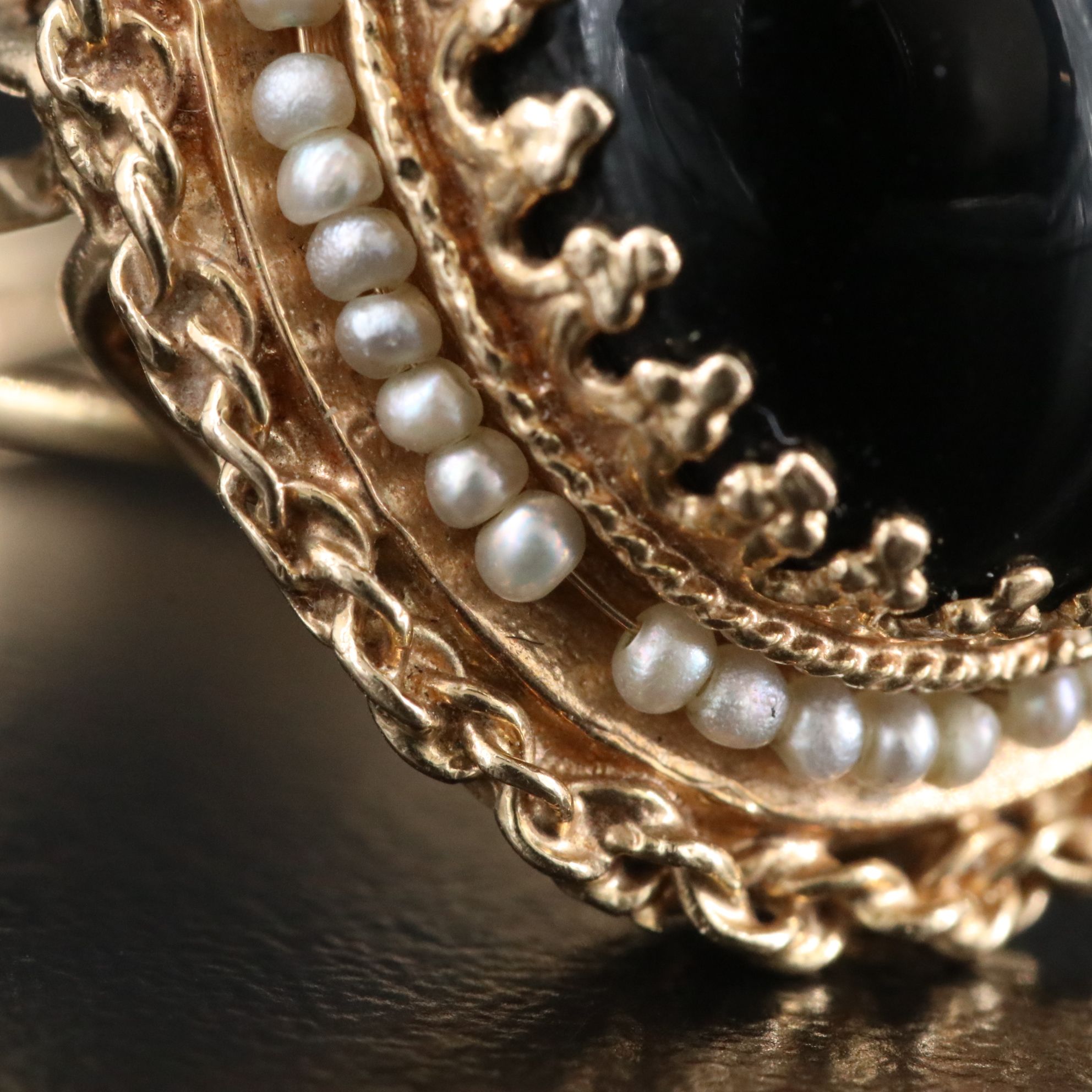 Vintage 14K Black Onyx and Seed Pearl Ring