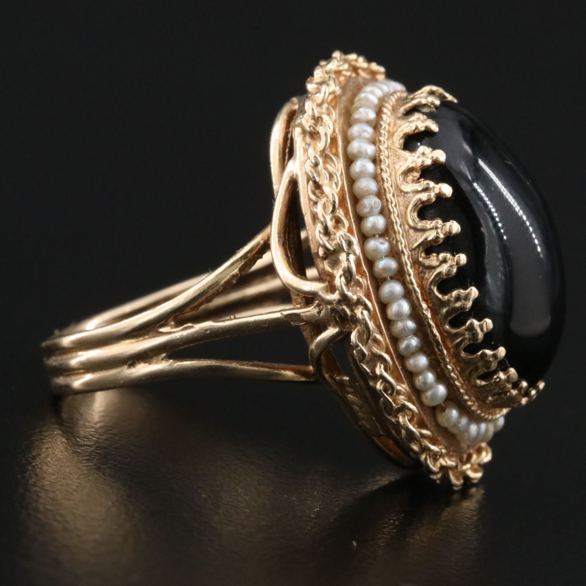 Vintage 14K Black Onyx and Seed Pearl Ring