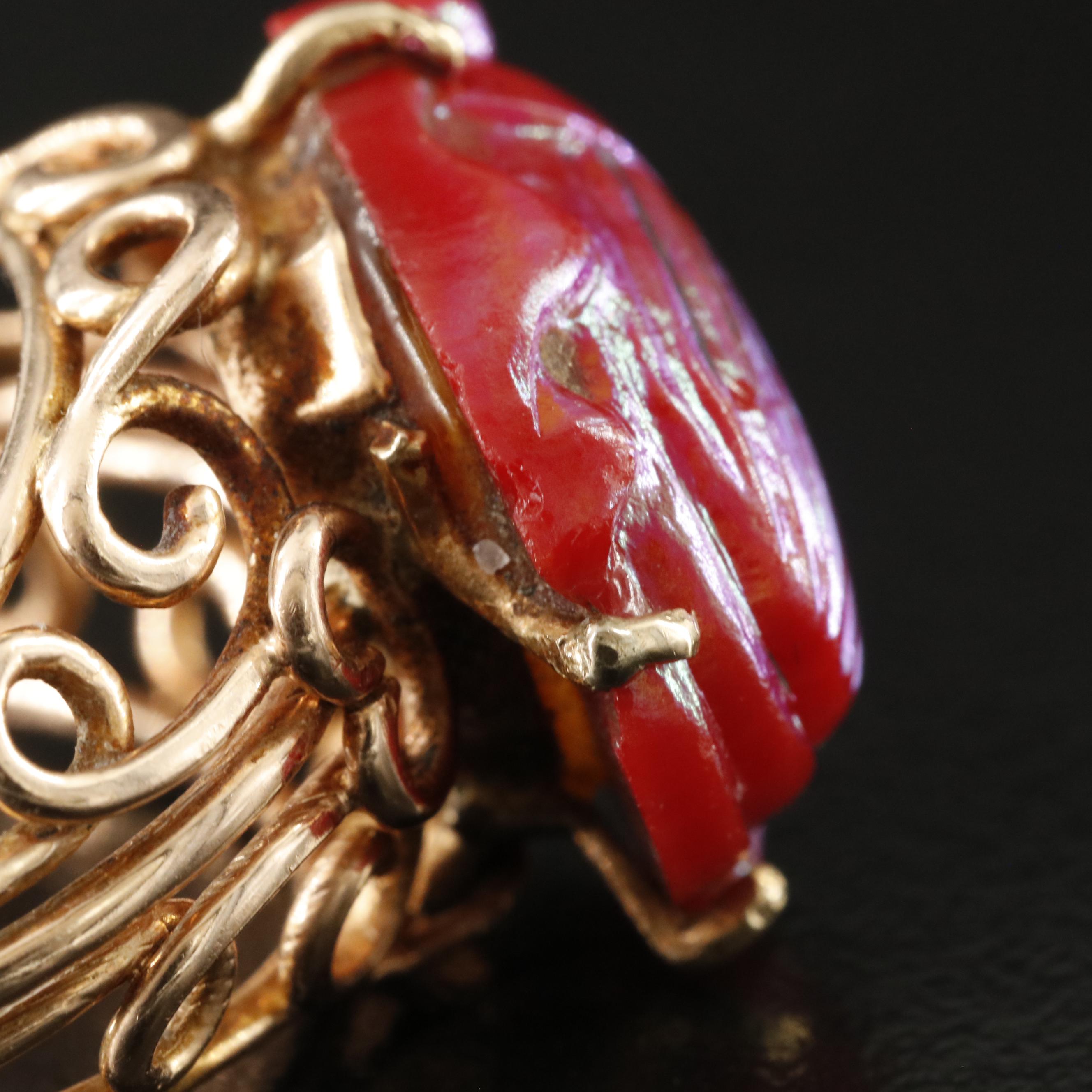 Tiffany & Co Favrile Glass Scarab in 14K Rose Gold Scroll Ring