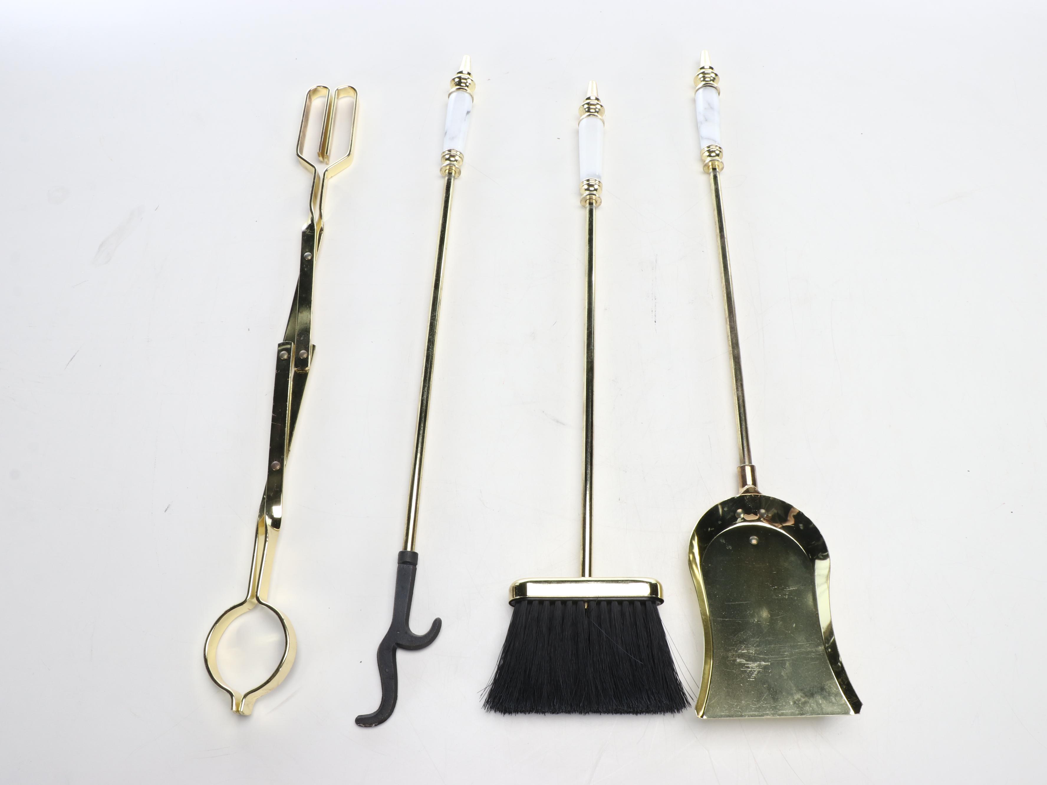 Brass and Marble Handled Fireplace Tool Set