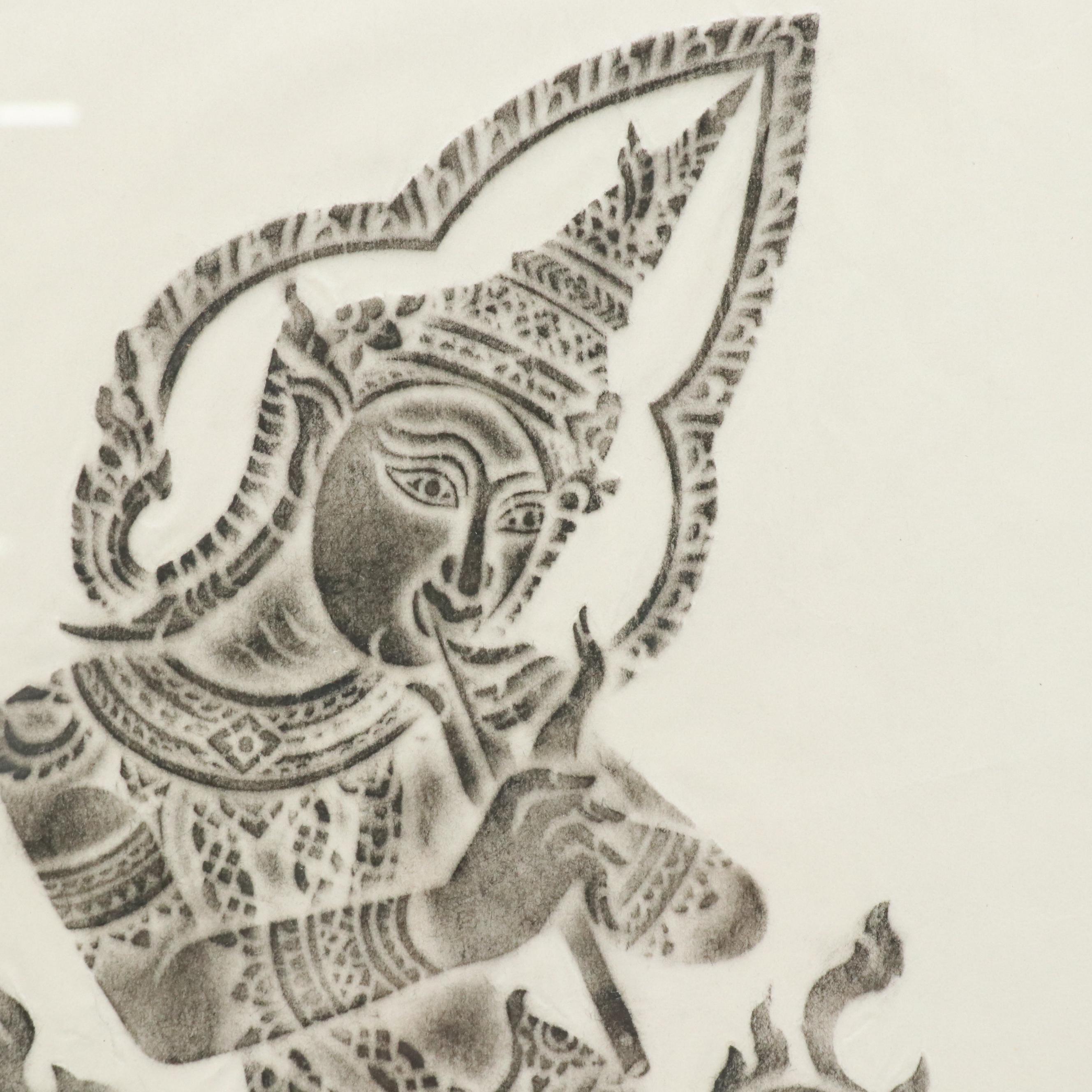 Pair of Thai Temple Rubbings in Carved Frames