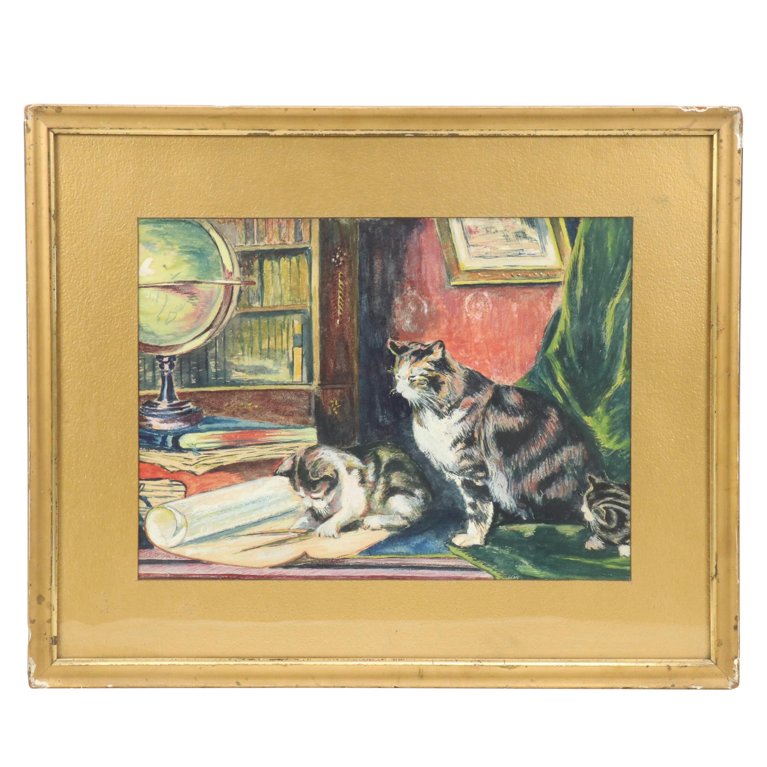 Gouache Painting of Cats in a Study