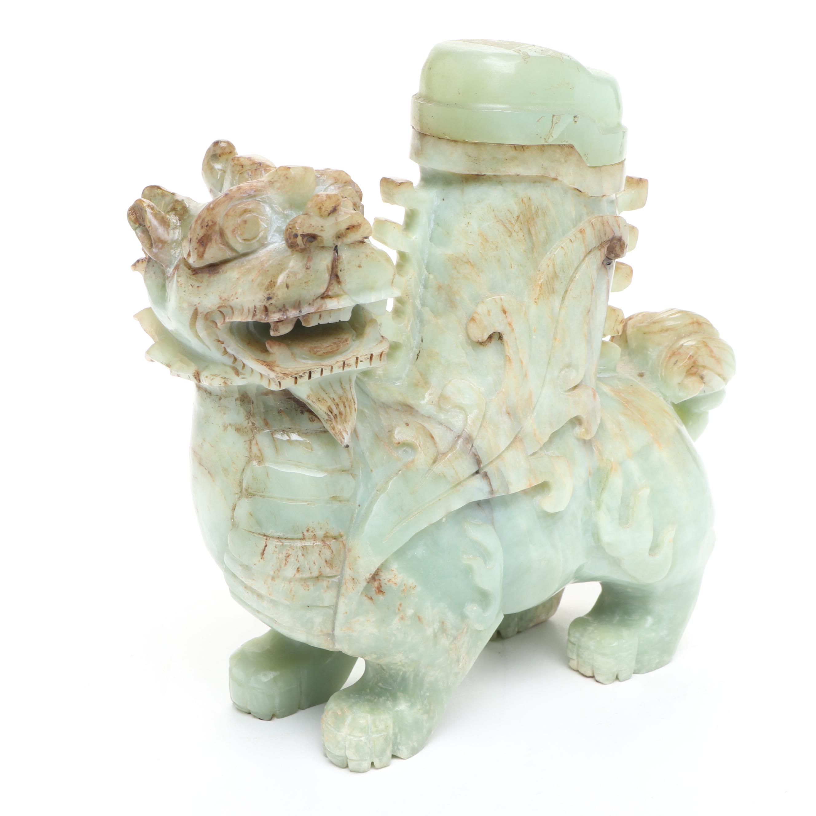 Chinese Carved Serpentine Guardian Lion Box