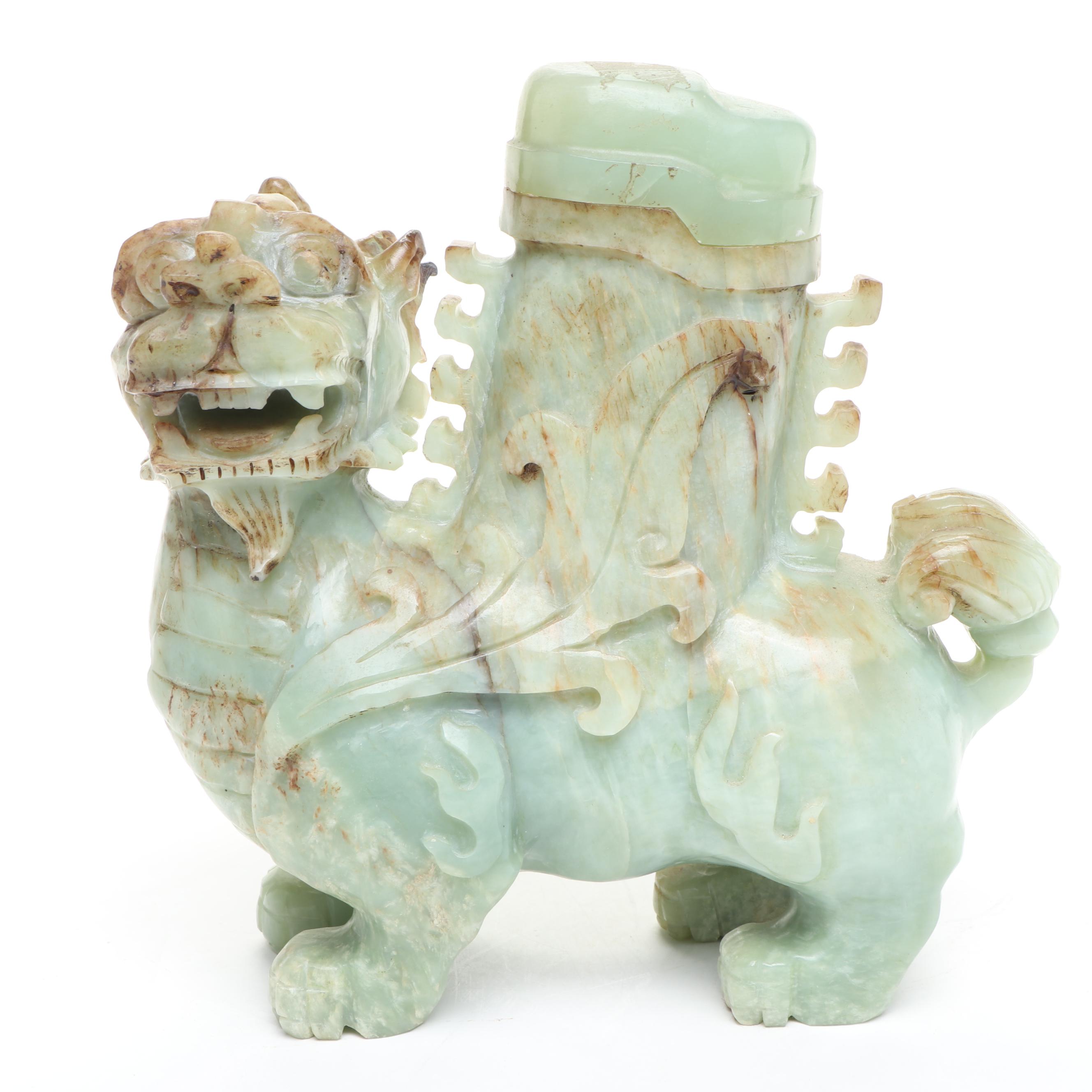 Chinese Carved Serpentine Guardian Lion Box