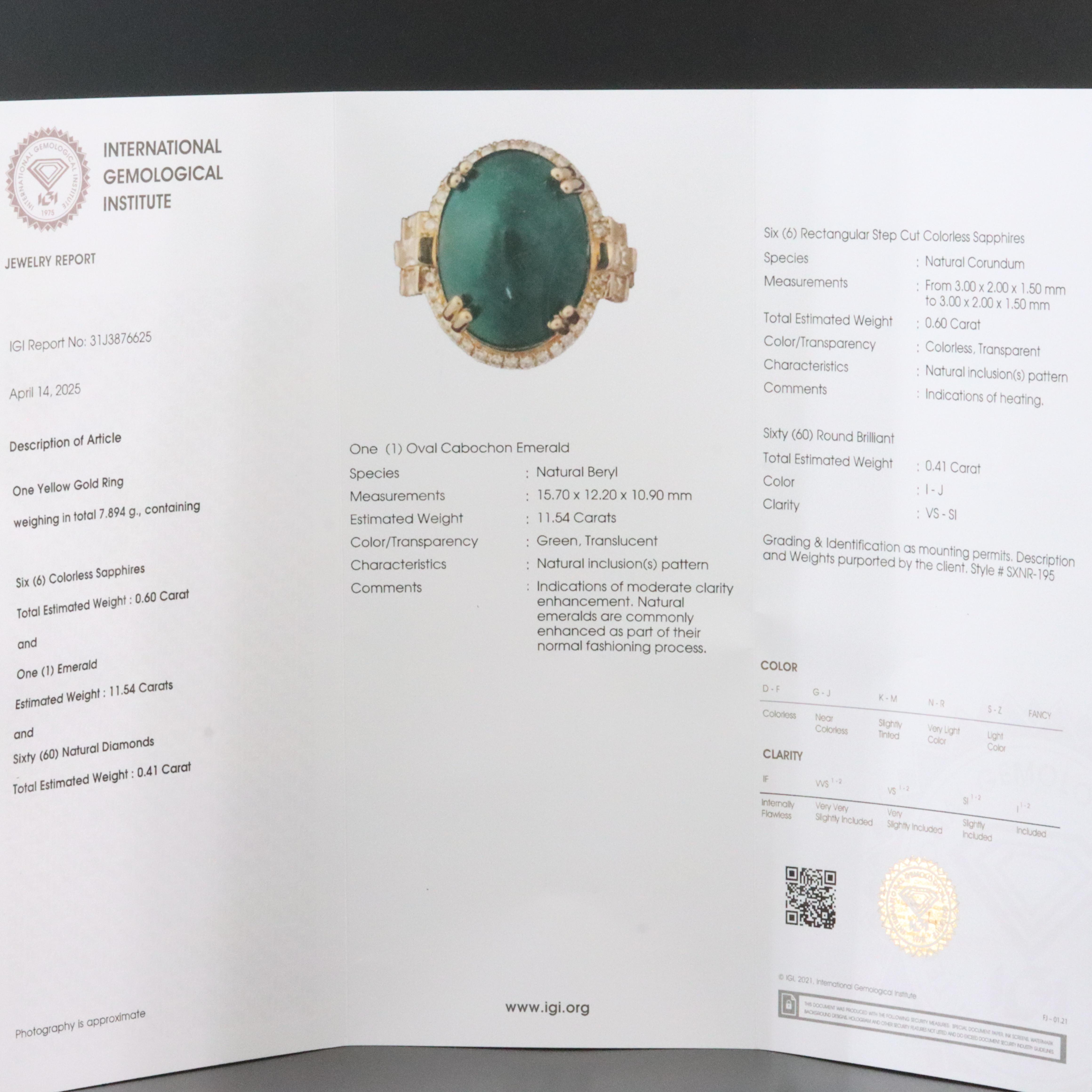 14K 11.54 CT Emerald, Diamond and White Sapphire Ring with IGI Report