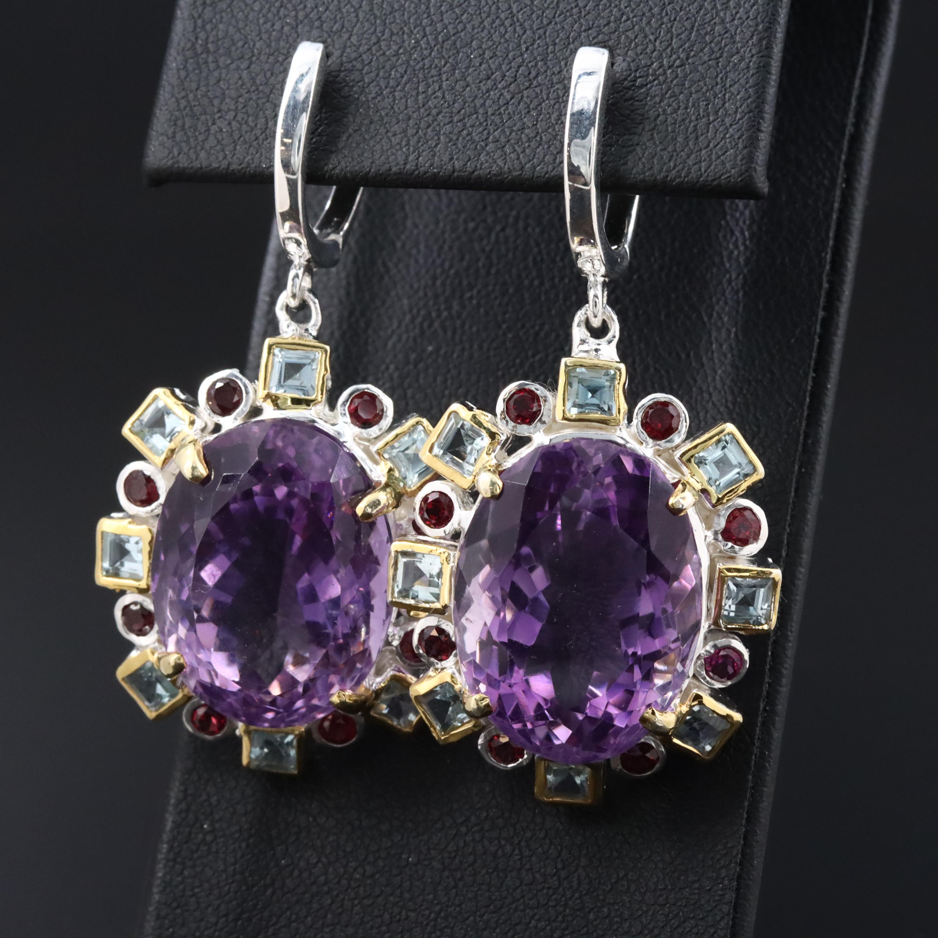 Sterling Amethyst, Rhodolite Garnet and Topaz Earrings