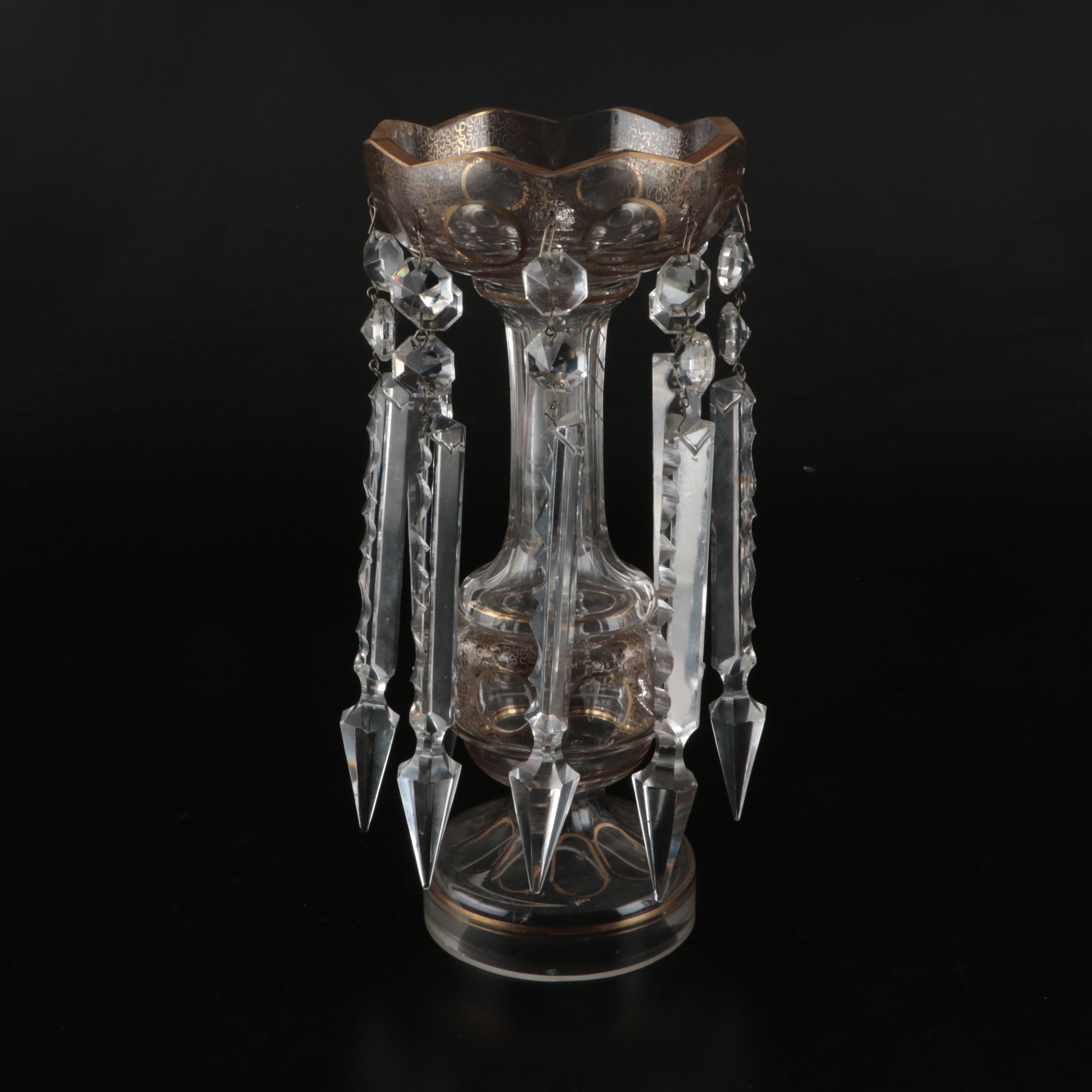 Pair of Victorian Bohemian Style Gilt Decorated Glass Mantel Lusters