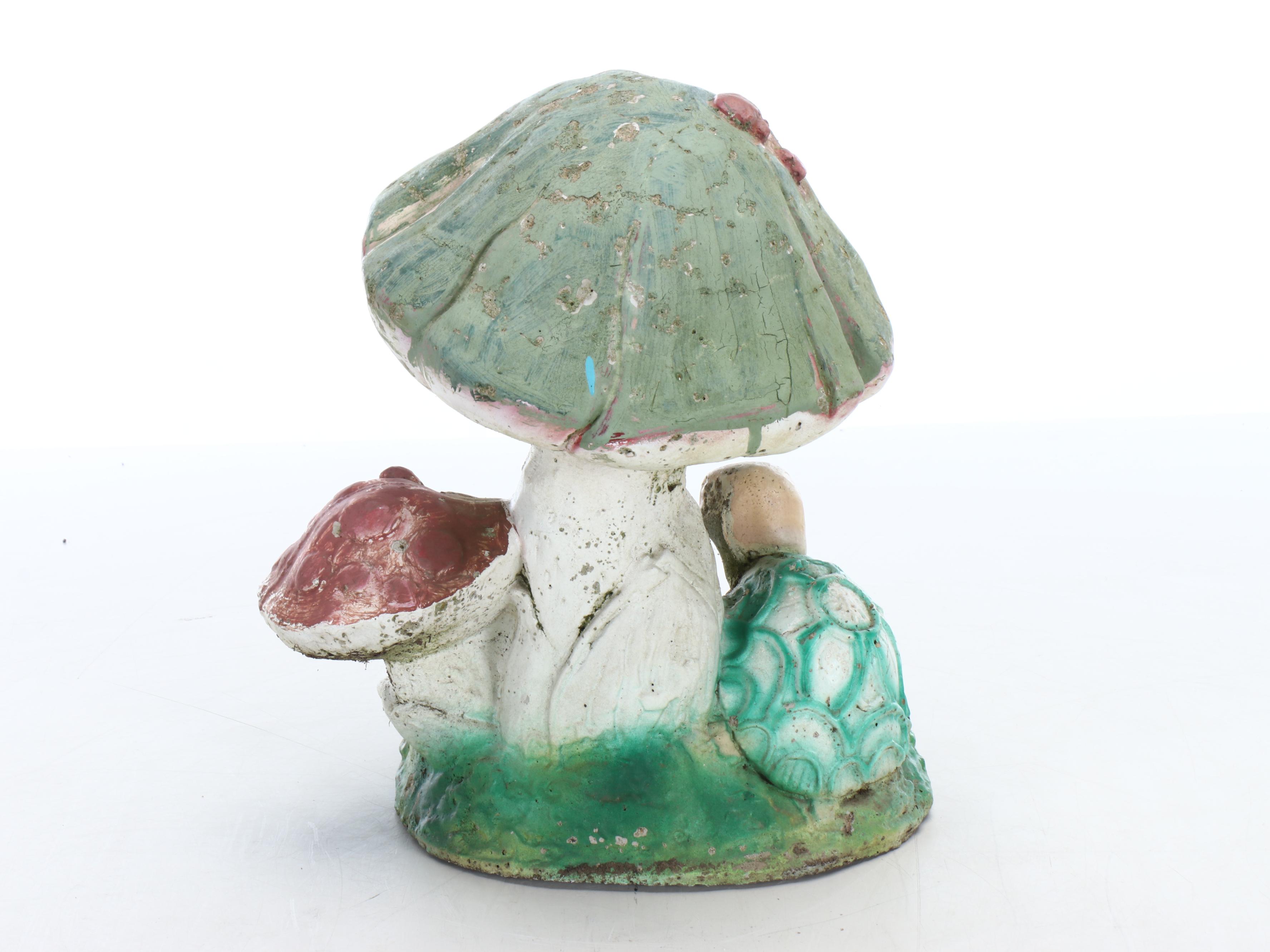Painted Concrete Mushroom and Angel Garden Statues