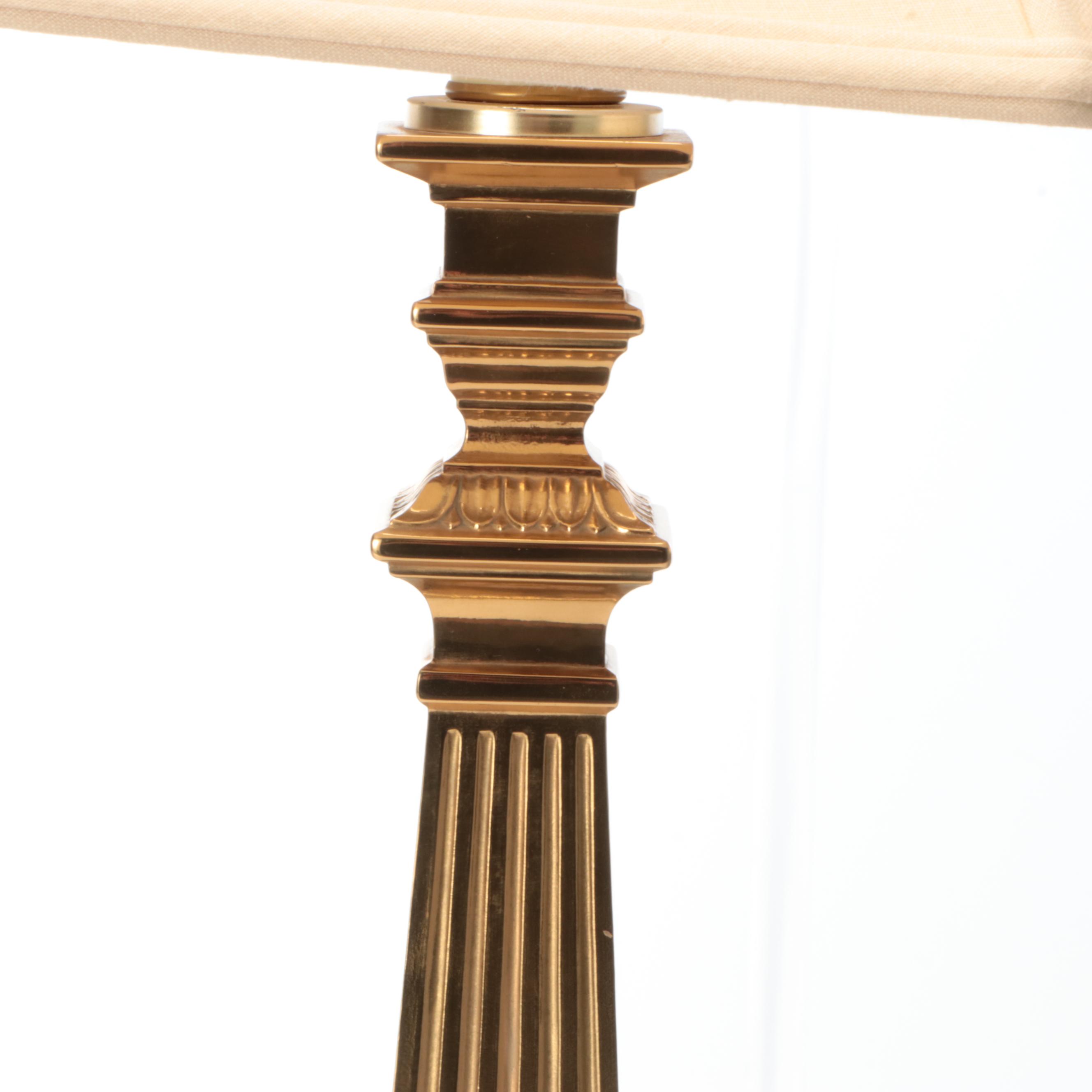 Neoclassical Style Smooth and Reeded Brass Pillar Table Lamps with Silk Shades