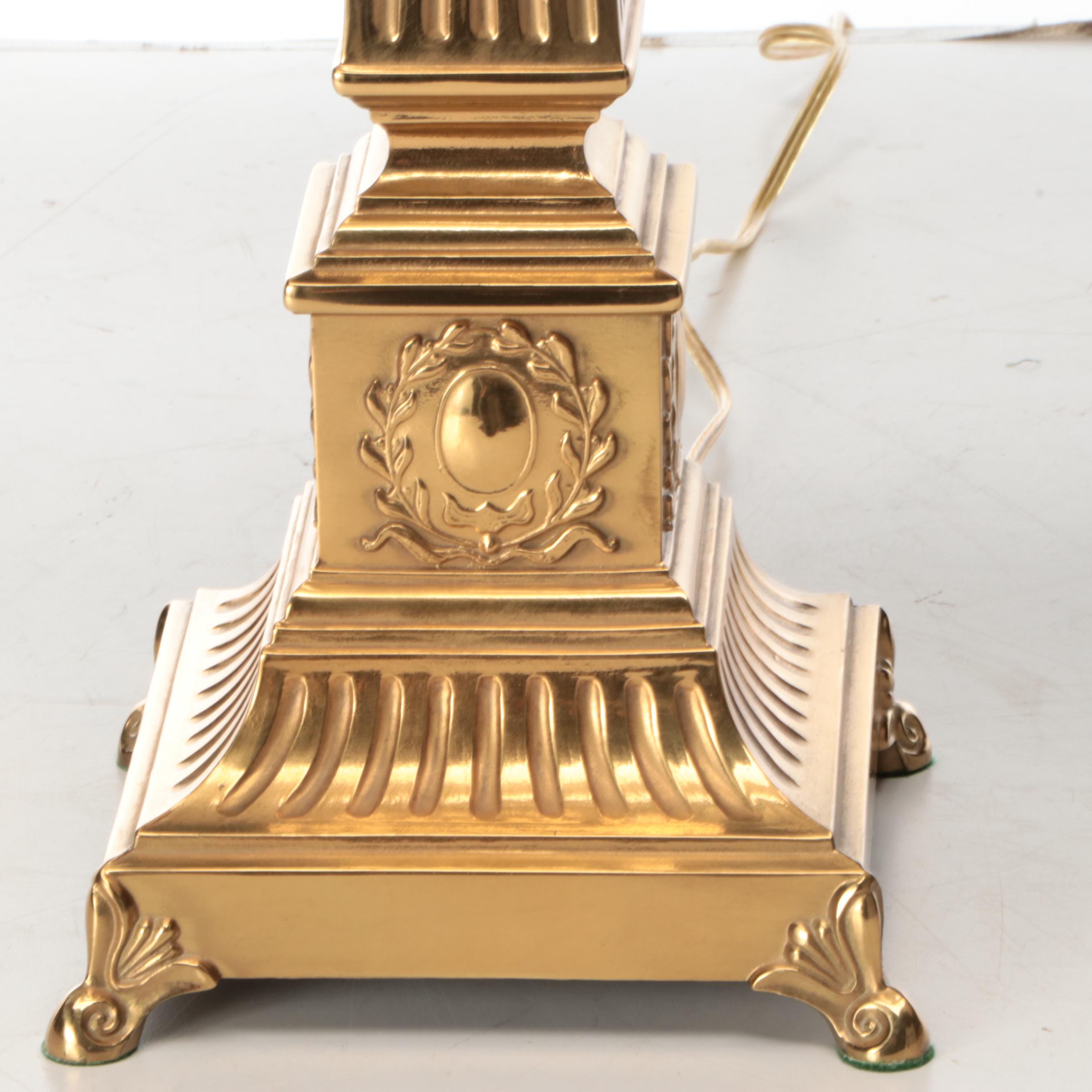 Neoclassical Style Smooth and Reeded Brass Pillar Table Lamps with Silk Shades