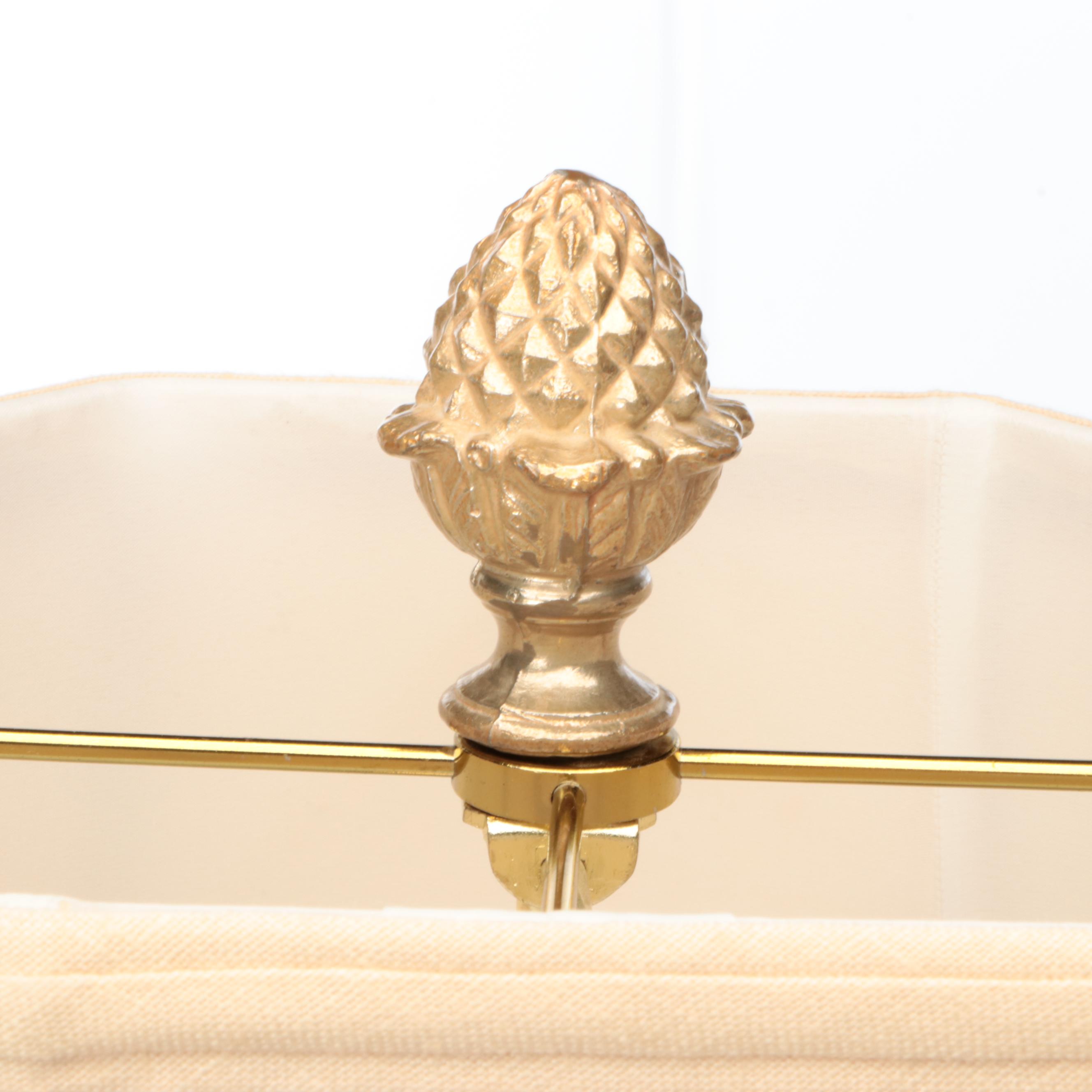 Neoclassical Style Smooth and Reeded Brass Pillar Table Lamps with Silk Shades