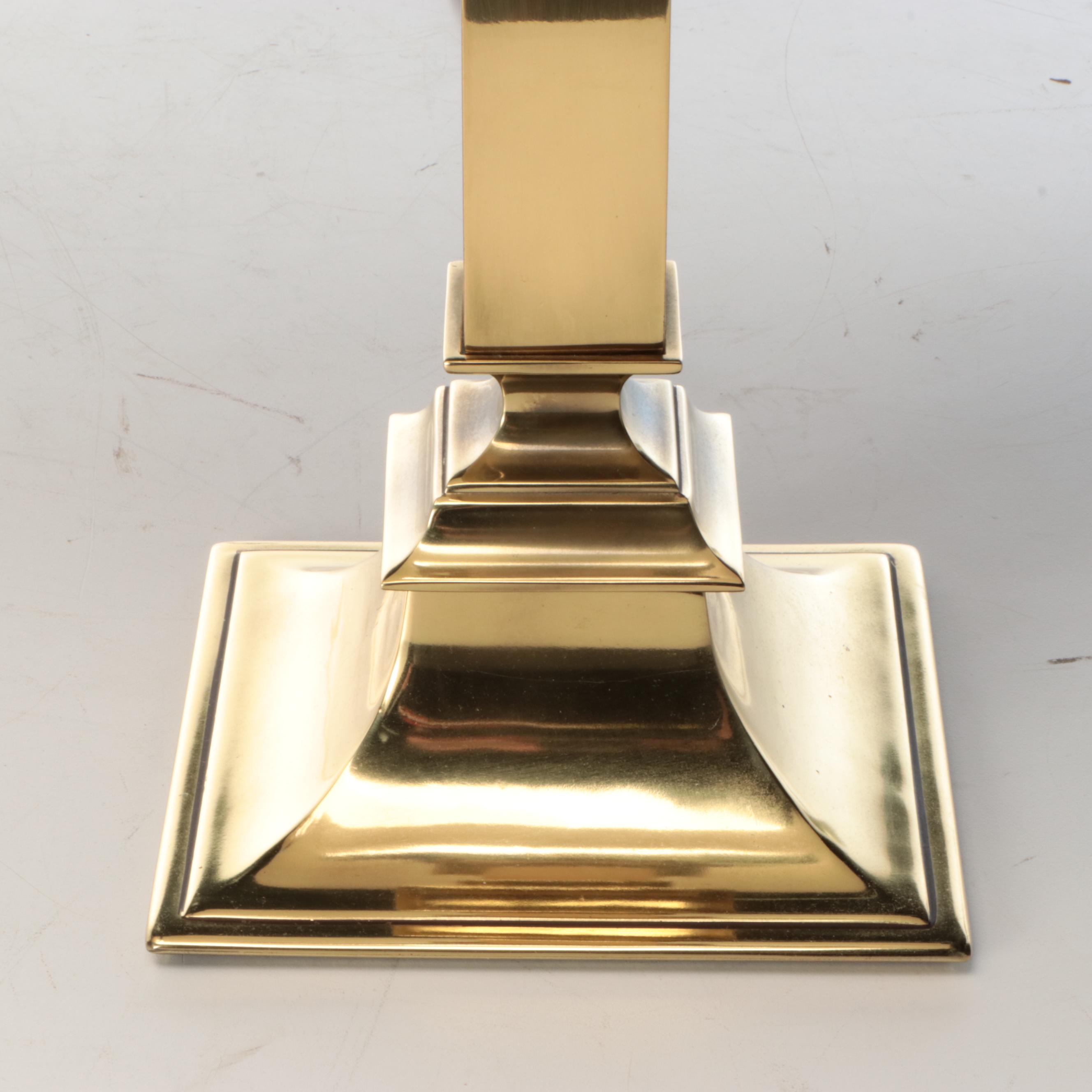 Neoclassical Style Smooth and Reeded Brass Pillar Table Lamps with Silk Shades