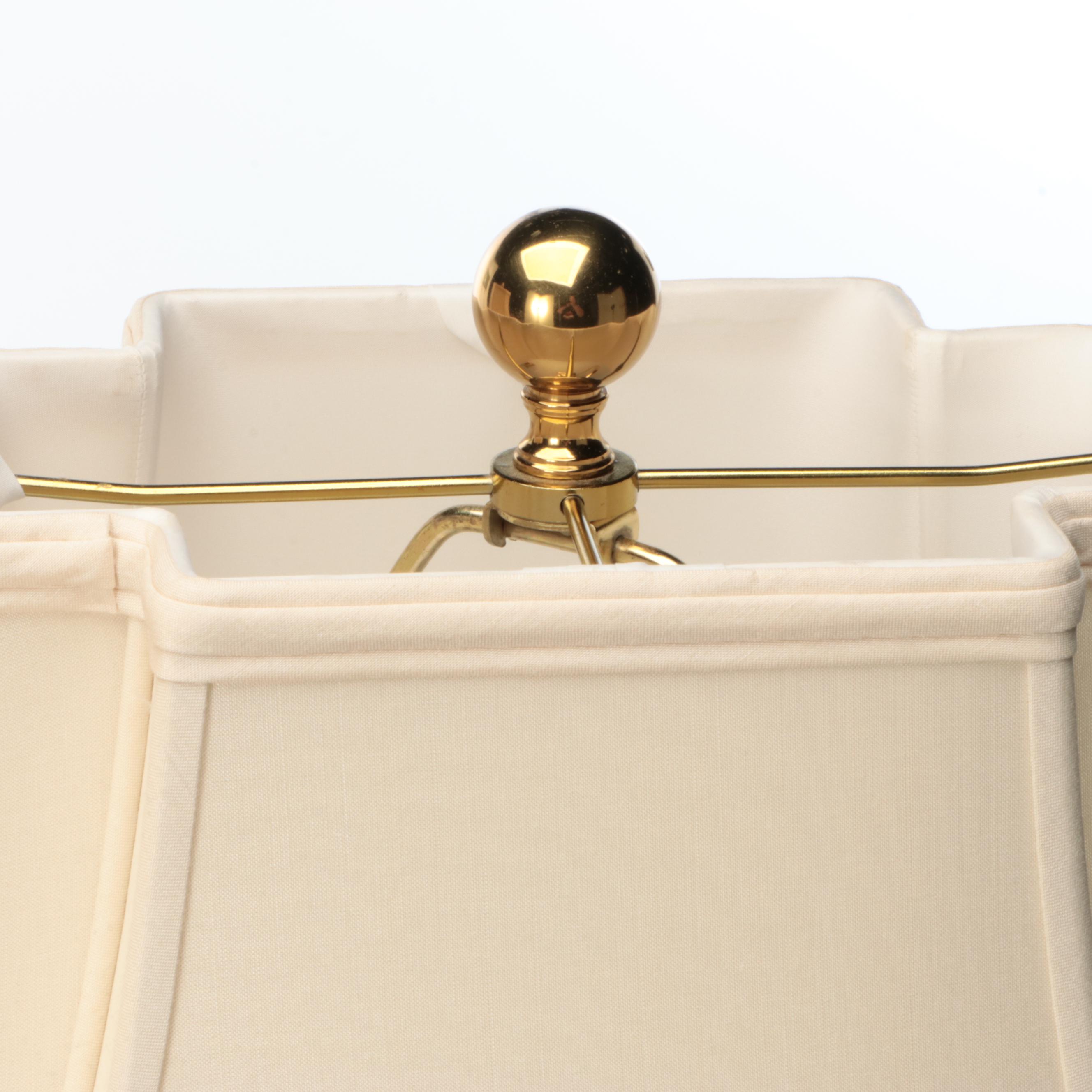 Neoclassical Style Smooth and Reeded Brass Pillar Table Lamps with Silk Shades