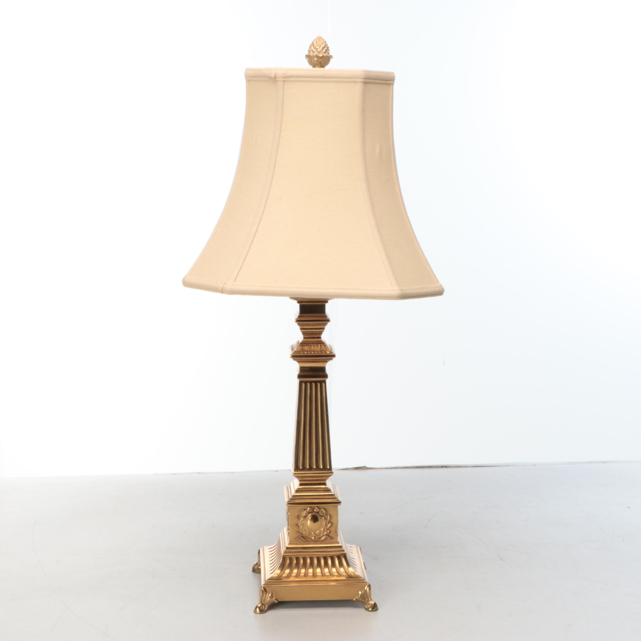 Neoclassical Style Smooth and Reeded Brass Pillar Table Lamps with Silk Shades