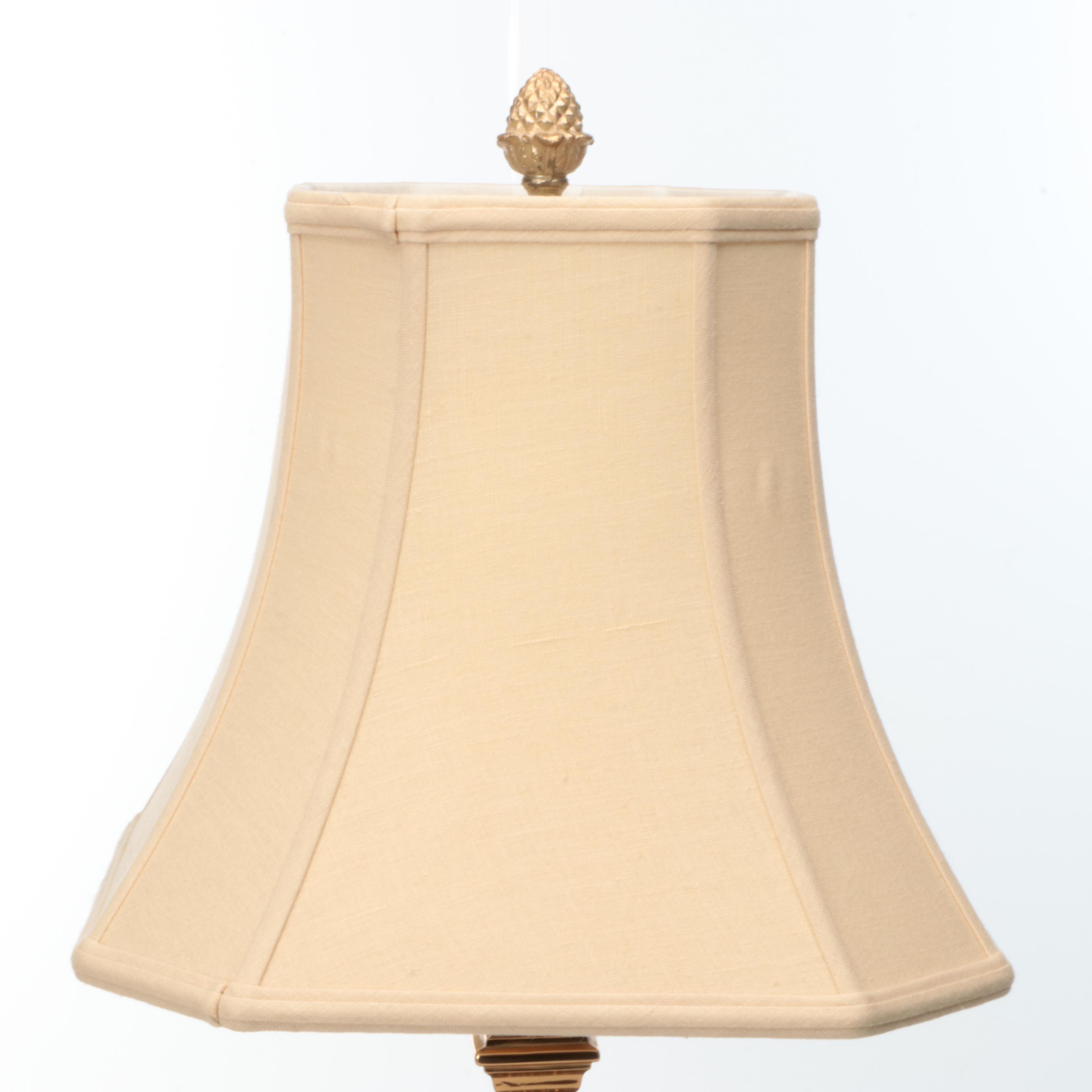 Neoclassical Style Smooth and Reeded Brass Pillar Table Lamps with Silk Shades