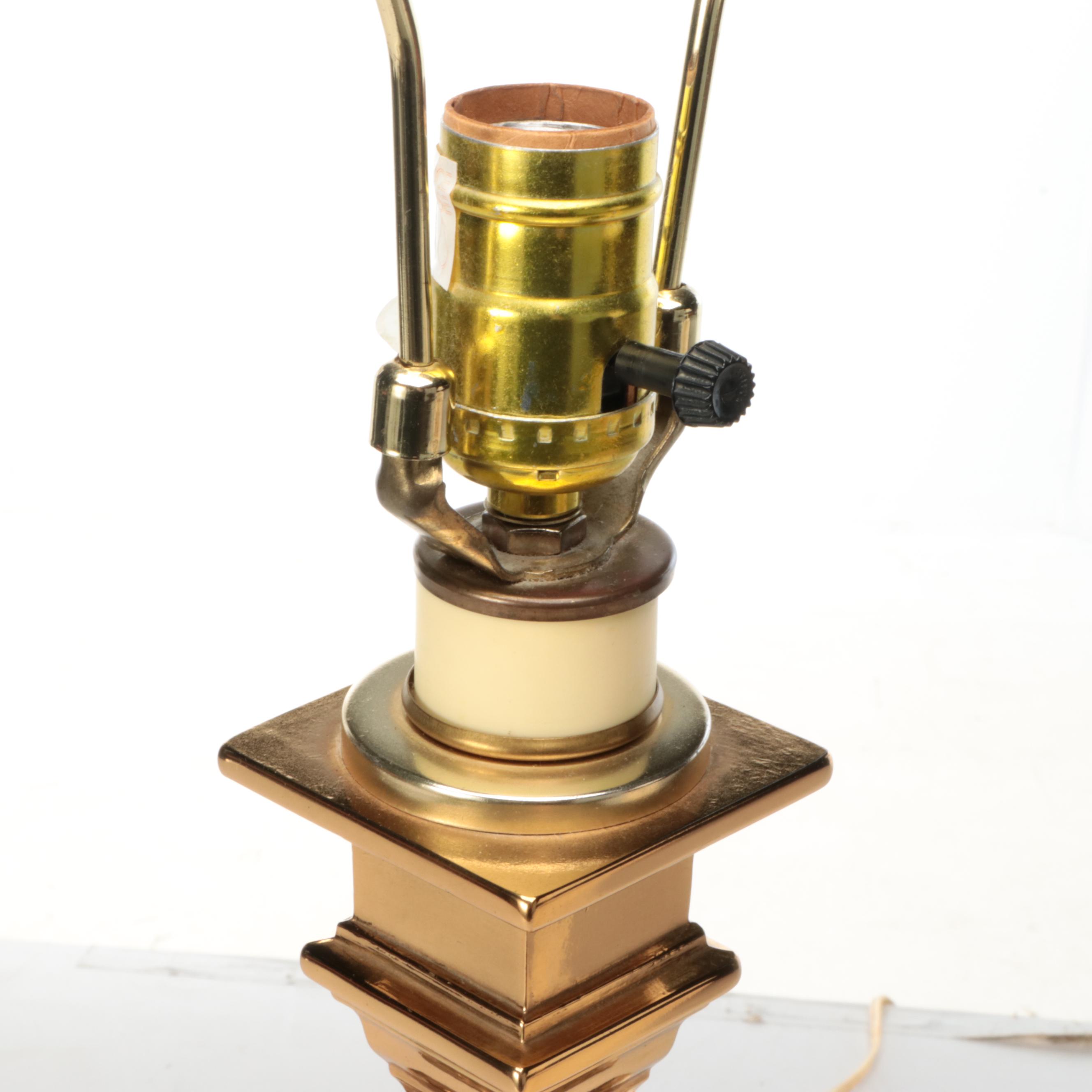 Neoclassical Style Smooth and Reeded Brass Pillar Table Lamps with Silk Shades