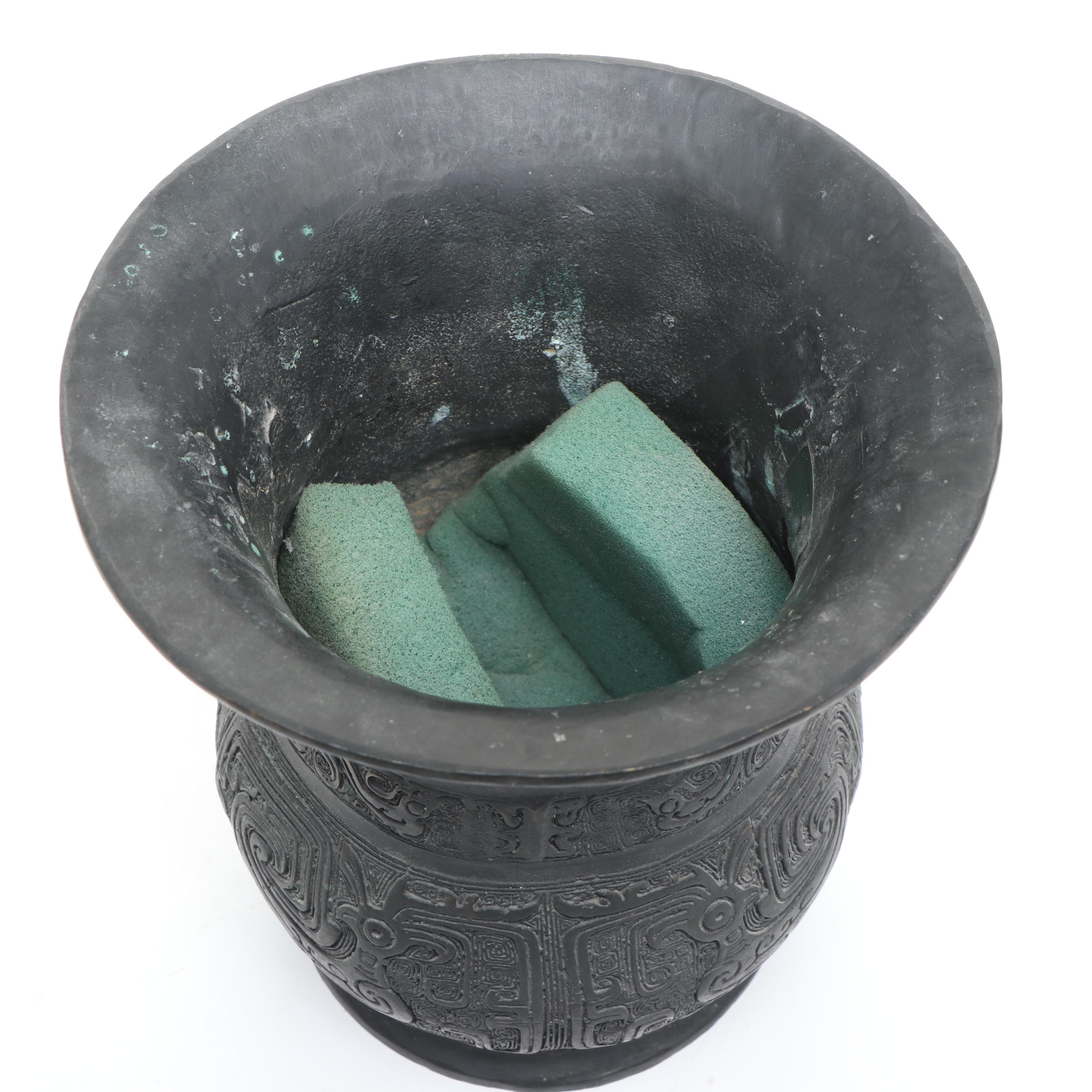 Chinese Bronze Archaistic Style Vessel with Bowl, 900 Silver Zodiac Coin Plate