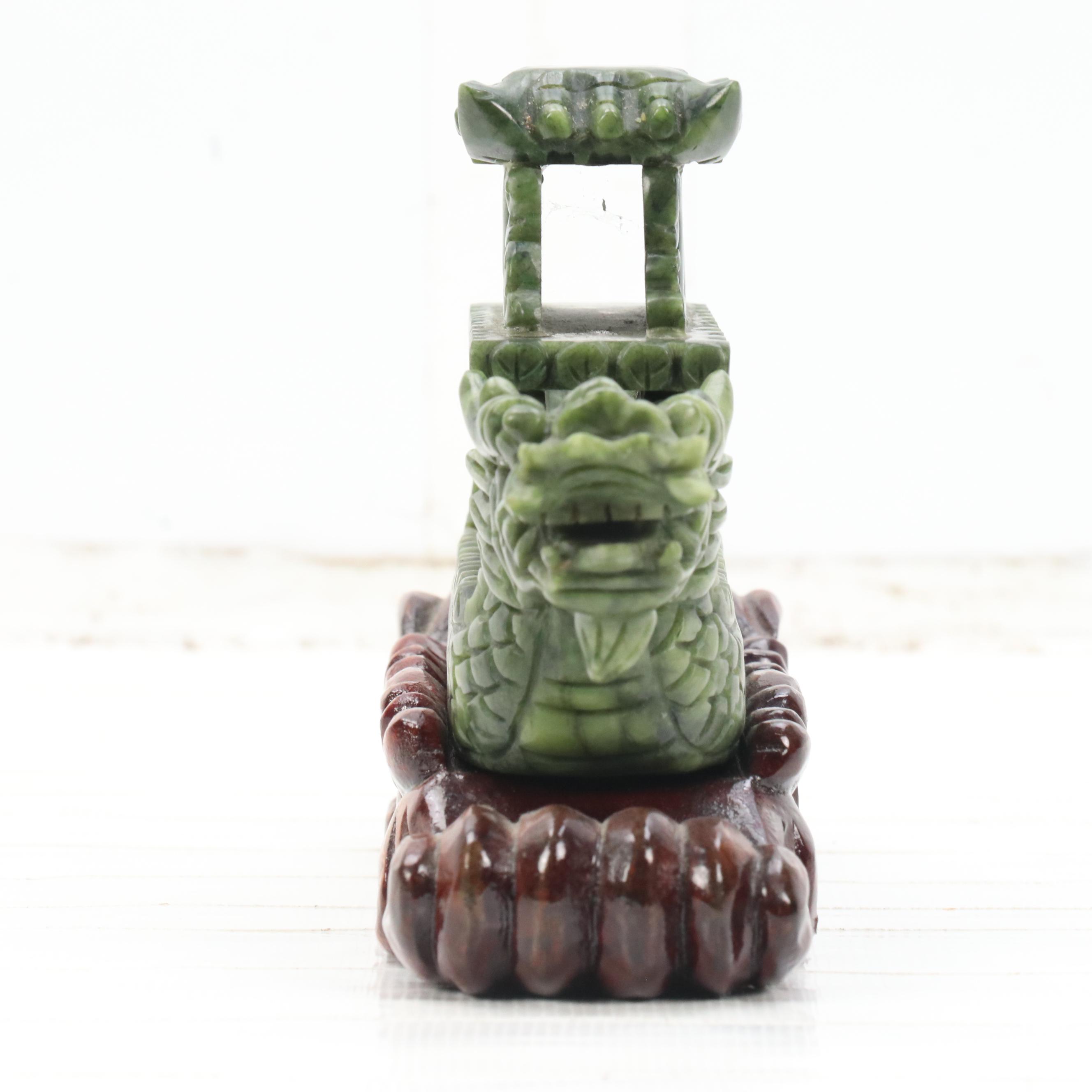 Chinese Carved Serpentine Dragon Boat on Carved Wood Base