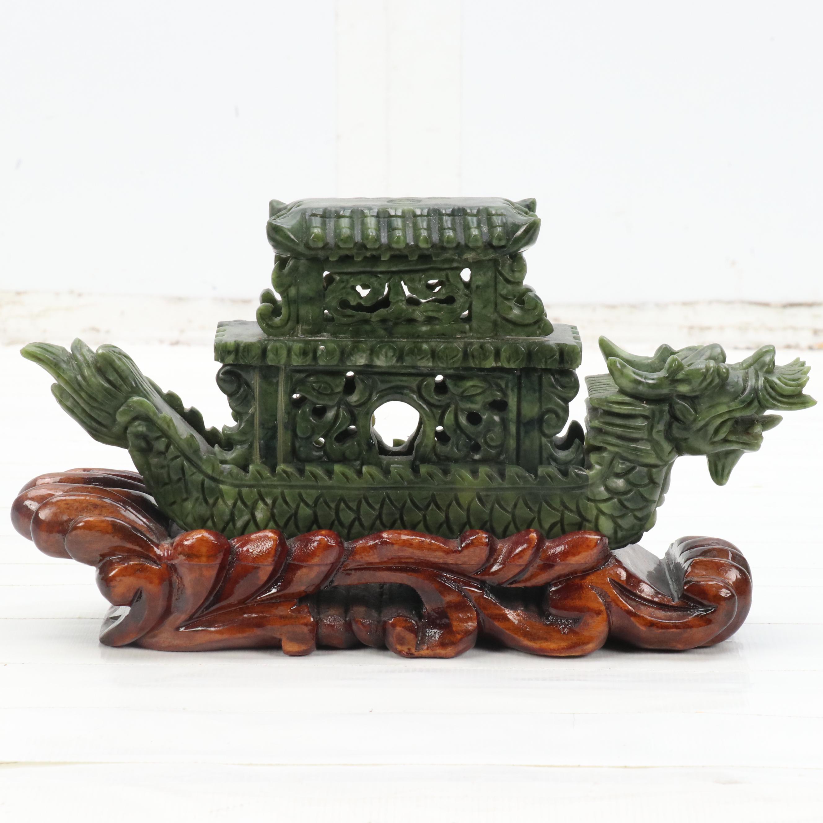 Chinese Carved Serpentine Dragon Boat on Carved Wood Base