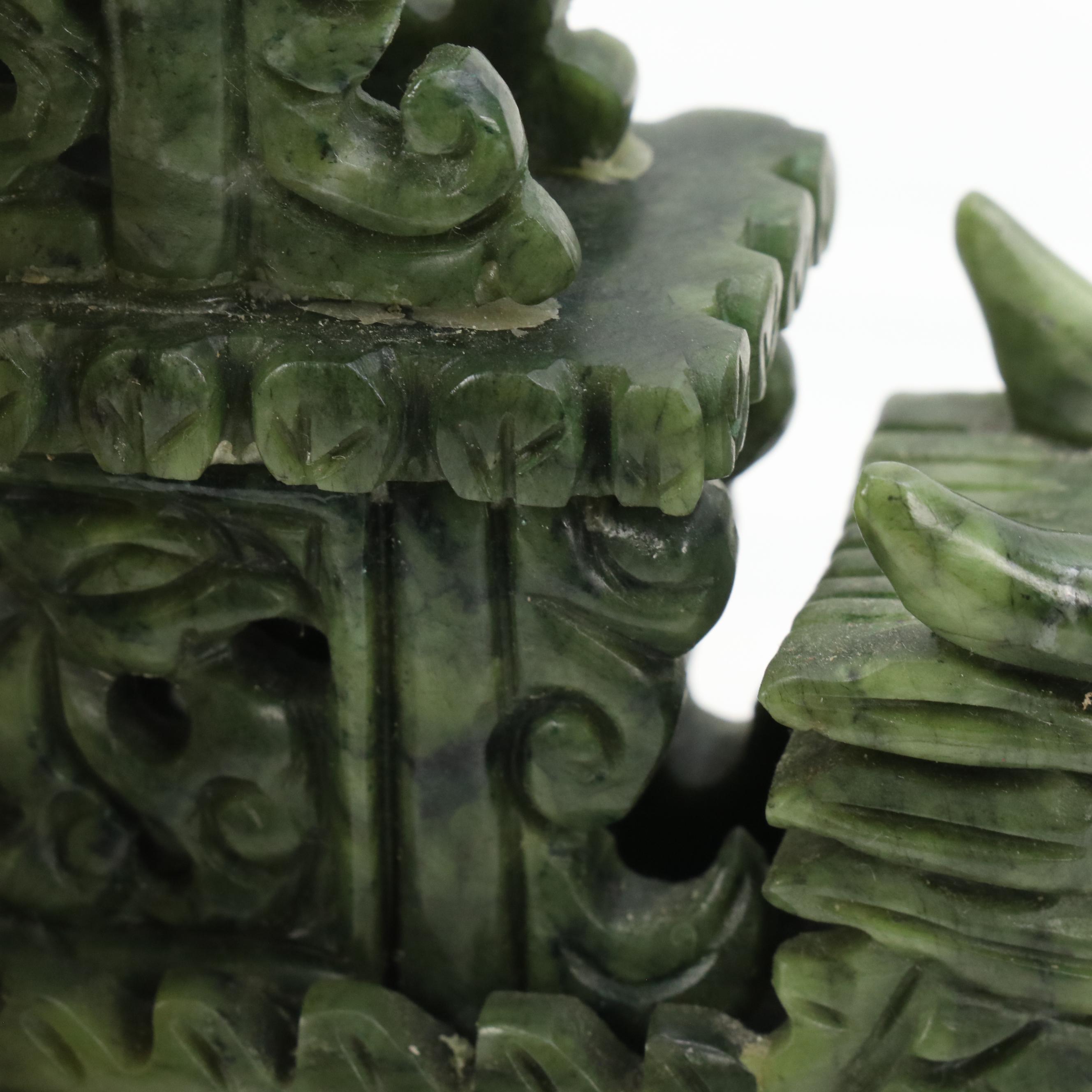 Chinese Carved Serpentine Dragon Boat on Carved Wood Base