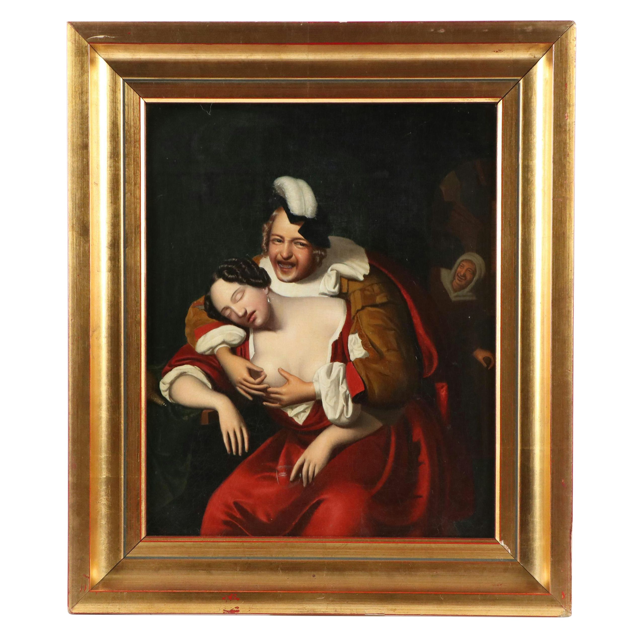 Figurative Oil Painting After Jan Tielius "A Libertine and a Sleeping Lady"