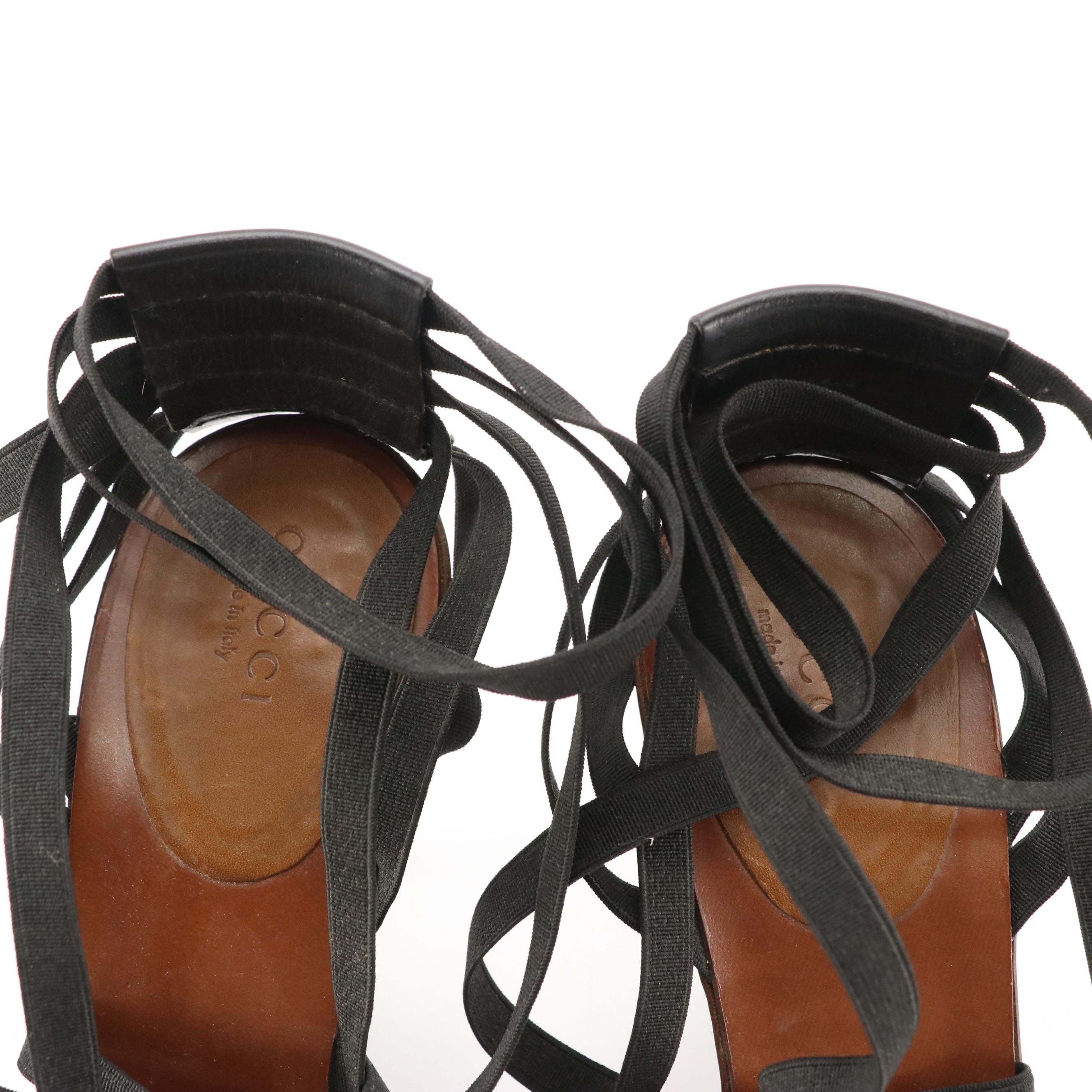 Gucci Black Leather and Textile High Heel Strappy Sandals