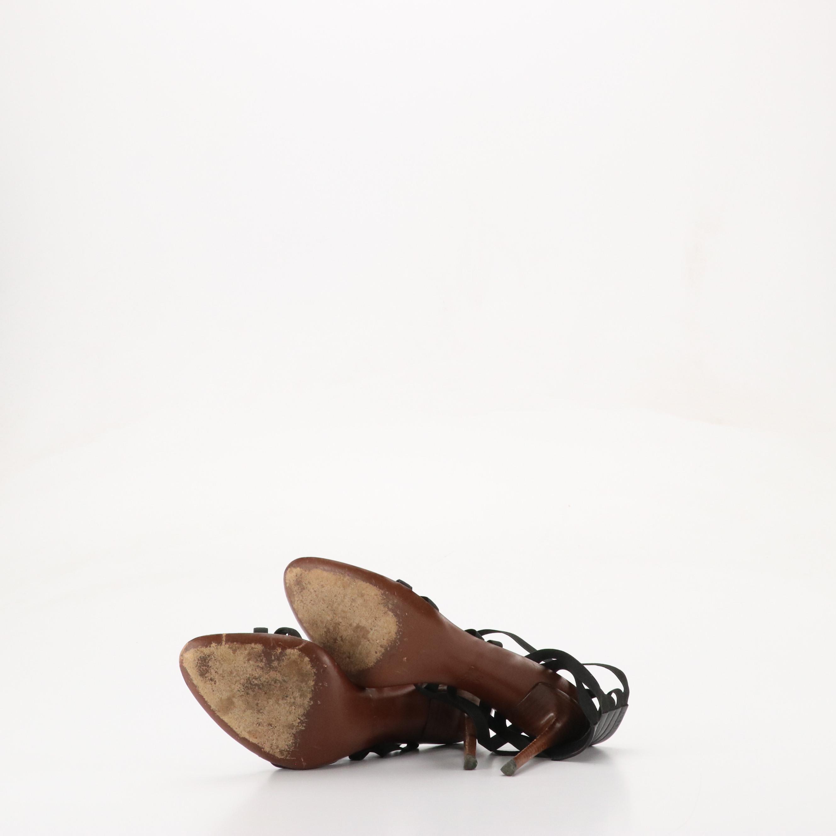 Gucci Black Leather and Textile High Heel Strappy Sandals