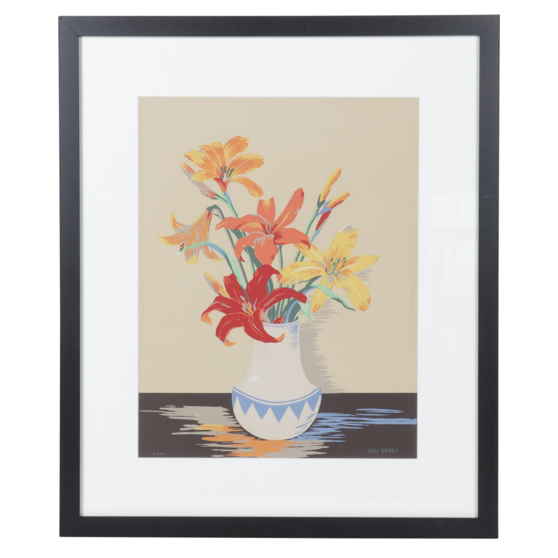 Lili Genet Warm Colored Screenprint of Floral Bouquet, Late 20th Century