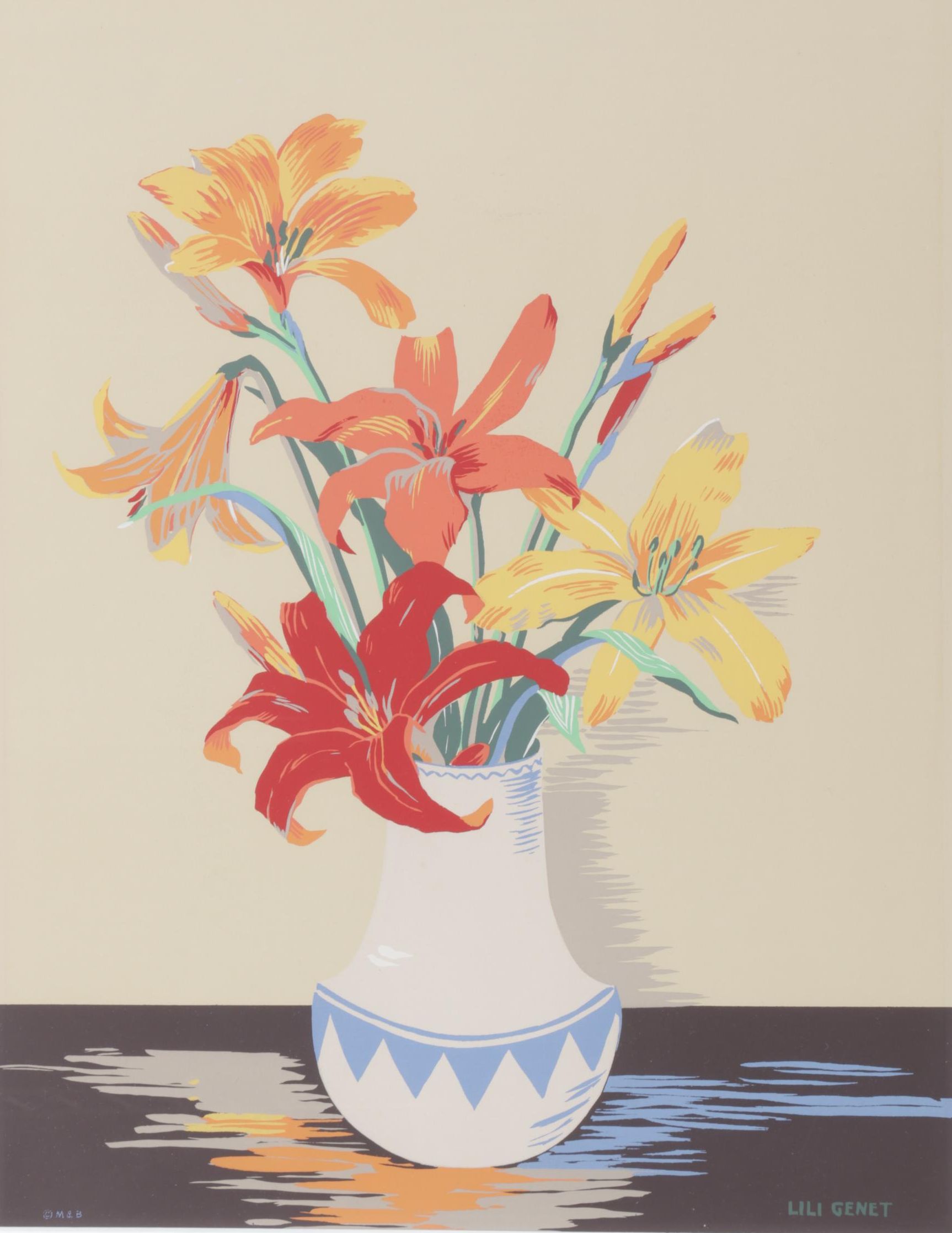 Lili Genet Warm Colored Screenprint of Floral Bouquet, Late 20th Century