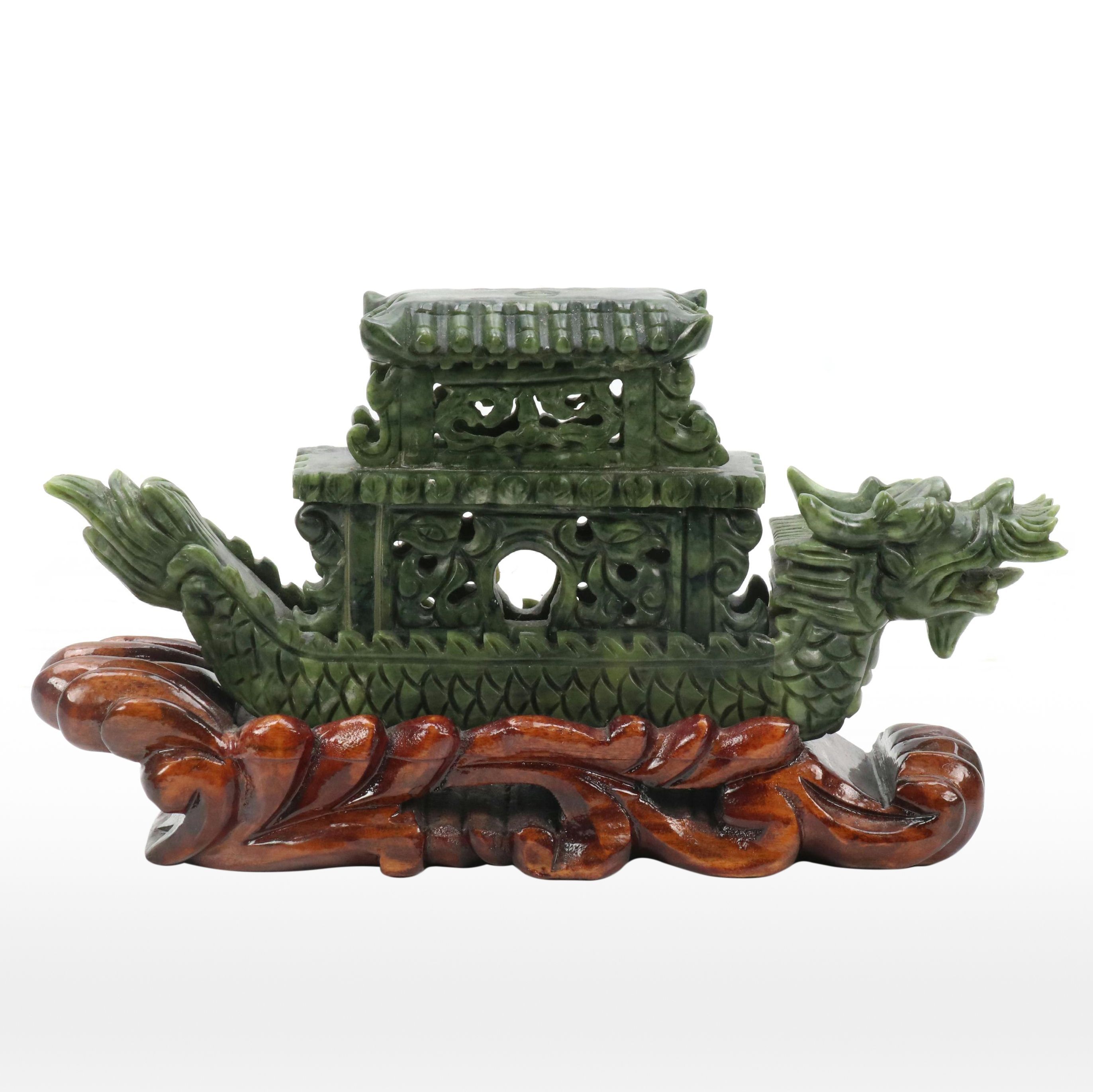 Chinese Carved Serpentine Dragon Boat on Carved Wood Base