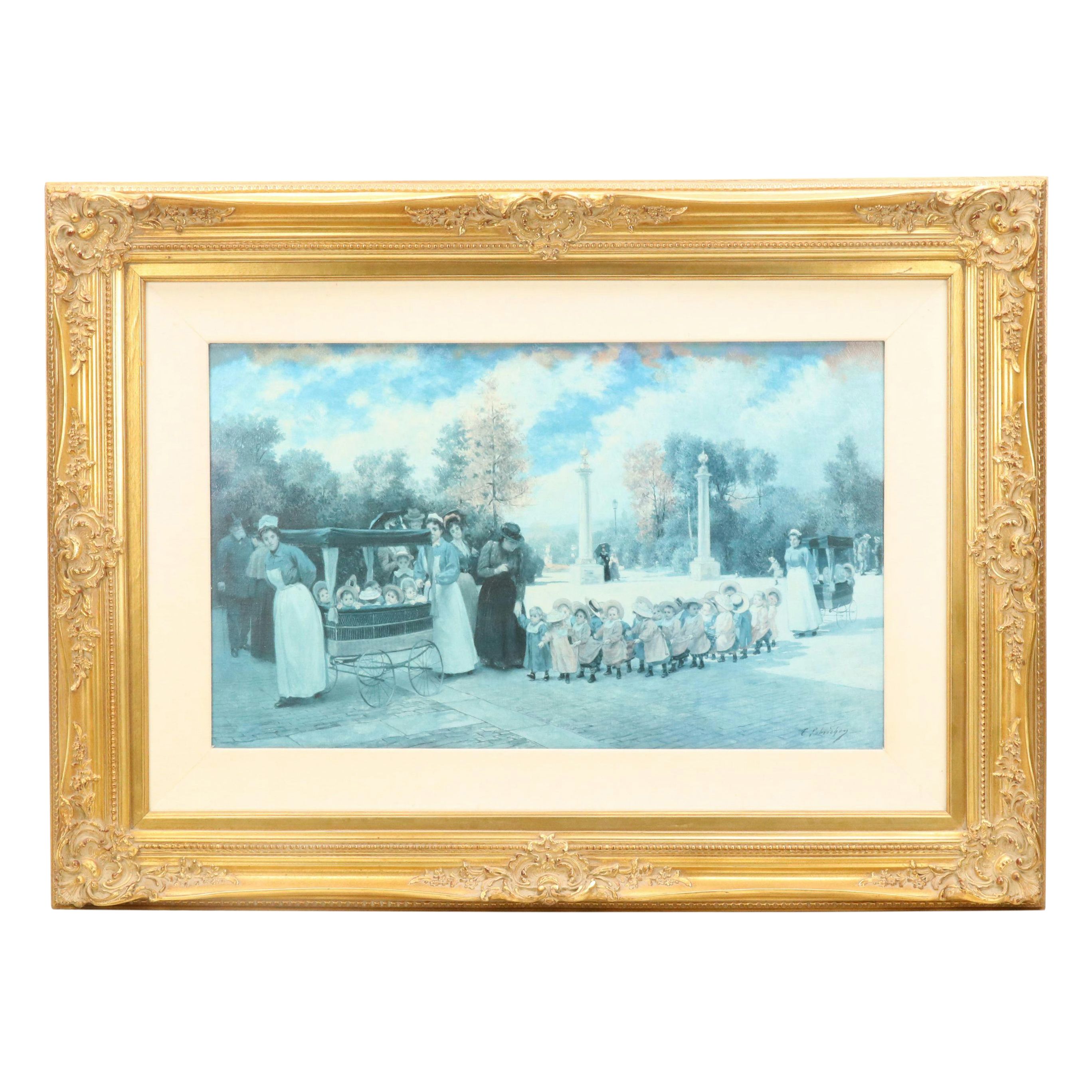 Offset Lithograph "Promenade des Enfants" After Timoléon Marie Lobrichon