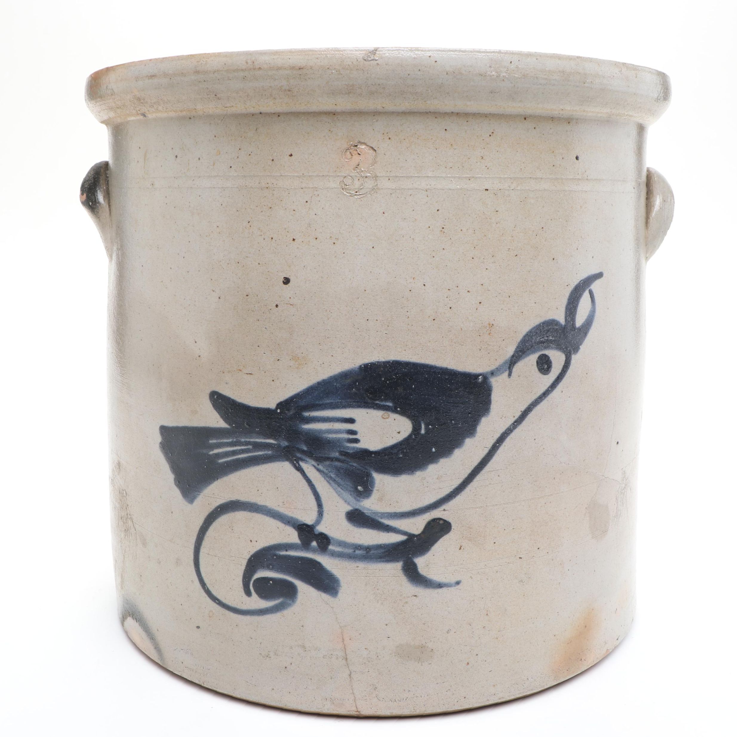 New York Stoneware Three Gallon Stoneware Crock with Freehand Cobalt Bird