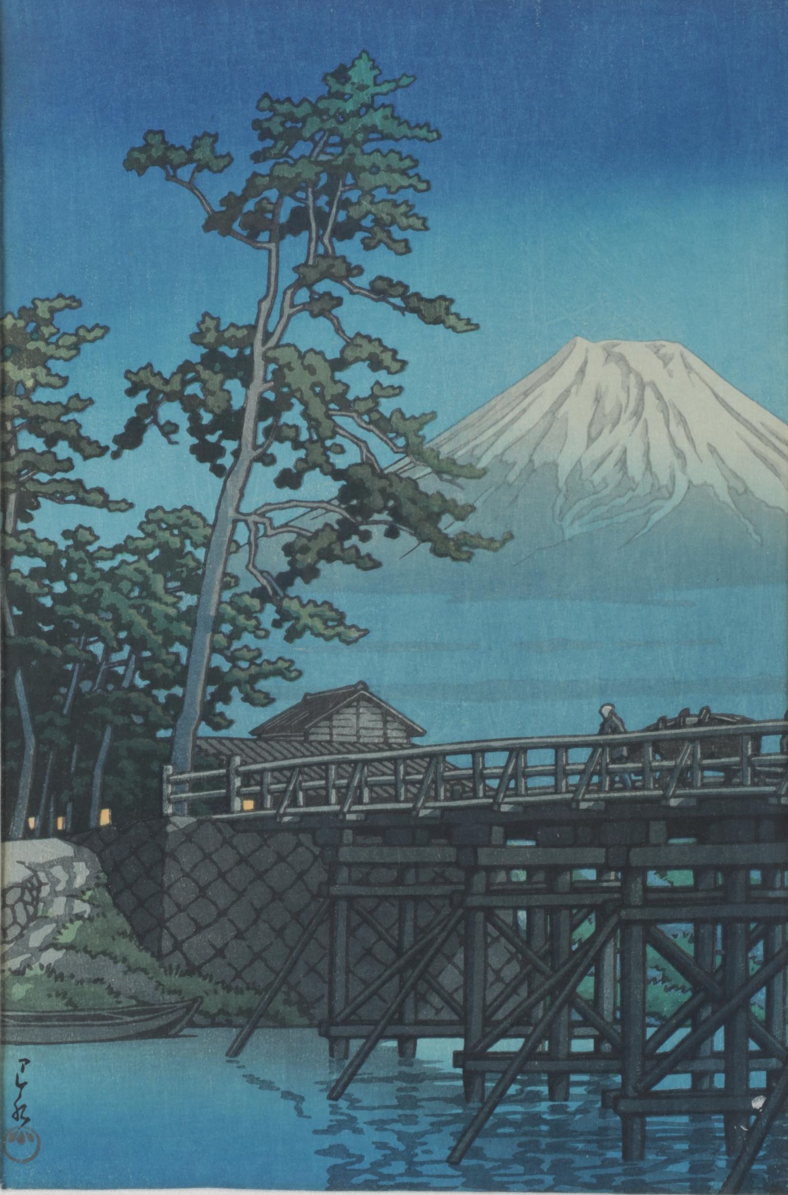 Kawase Hasui "Mount Fuji On A Moonlit Night, Kawai Bridge" Woodblock Print