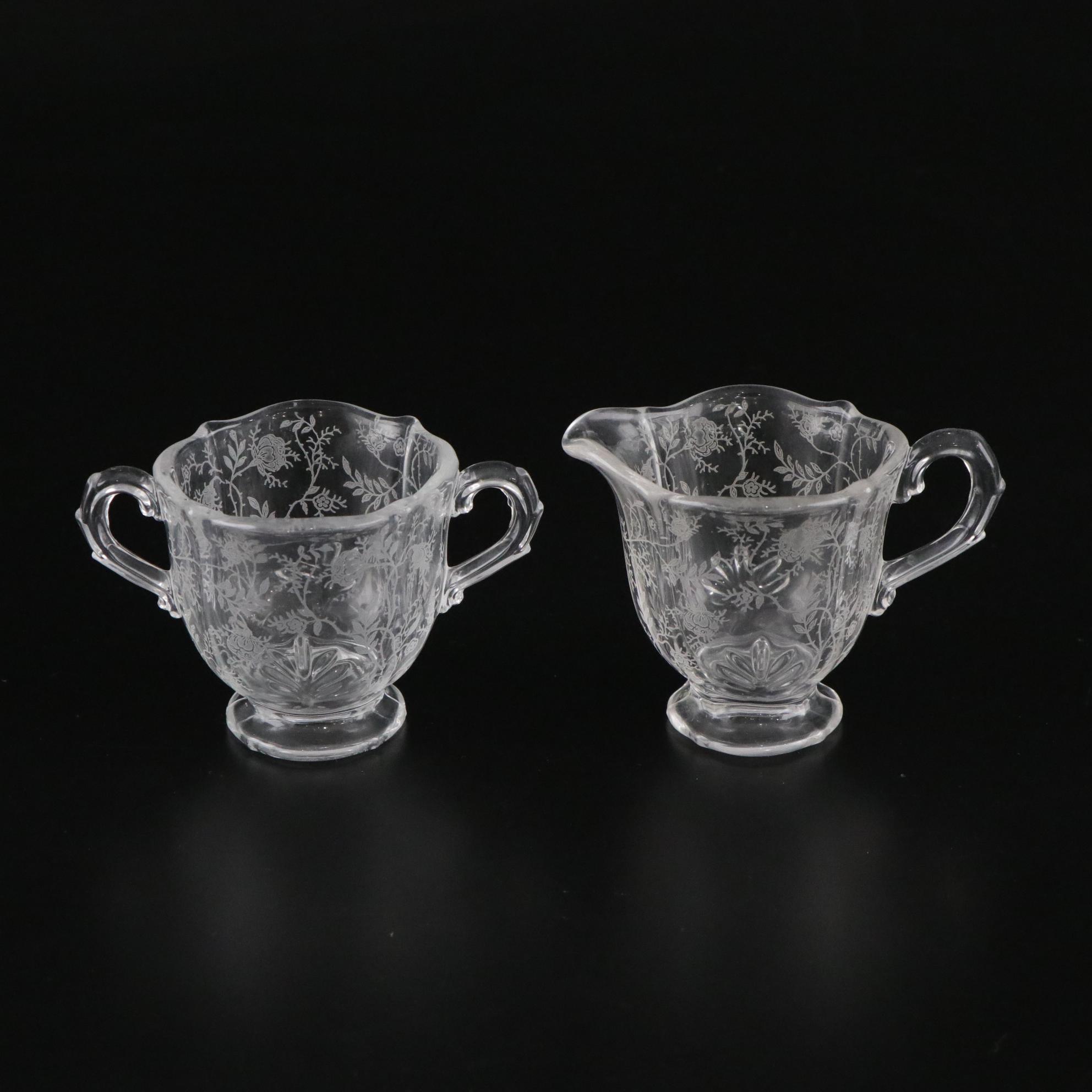 Fostoria "Chintz" Etched Glass Water Goblets and Serveware, Mid-20th C.