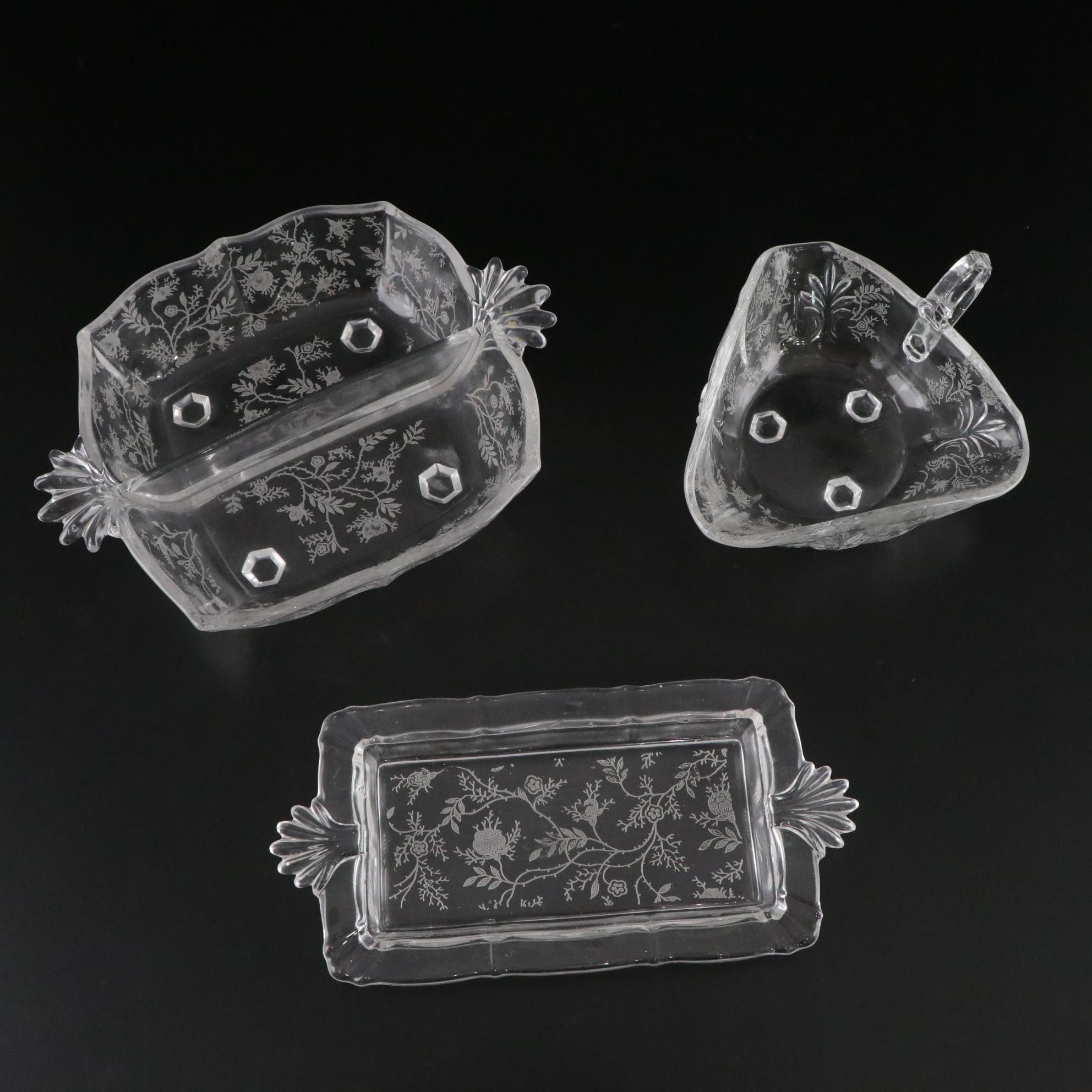 Fostoria "Chintz" Etched Glass Water Goblets and Serveware, Mid-20th C.