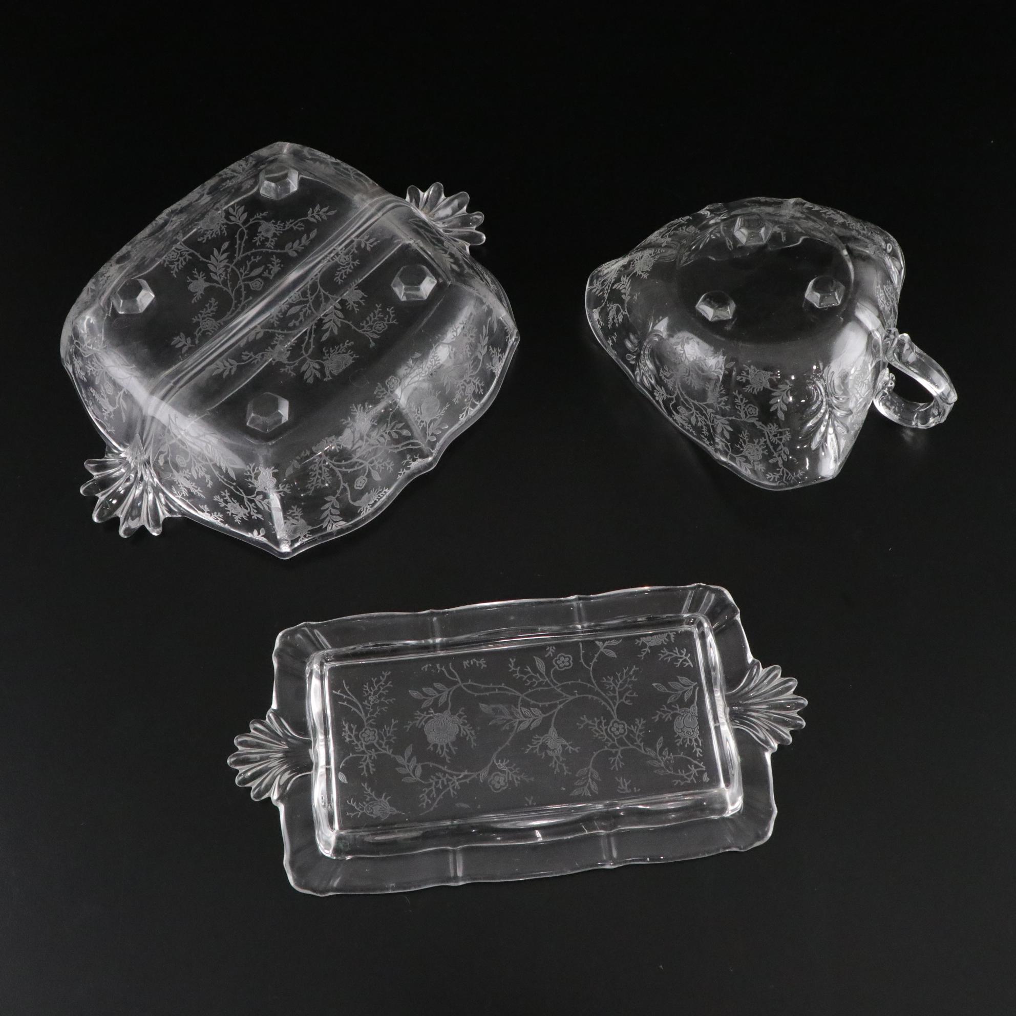 Fostoria "Chintz" Etched Glass Water Goblets and Serveware, Mid-20th C.