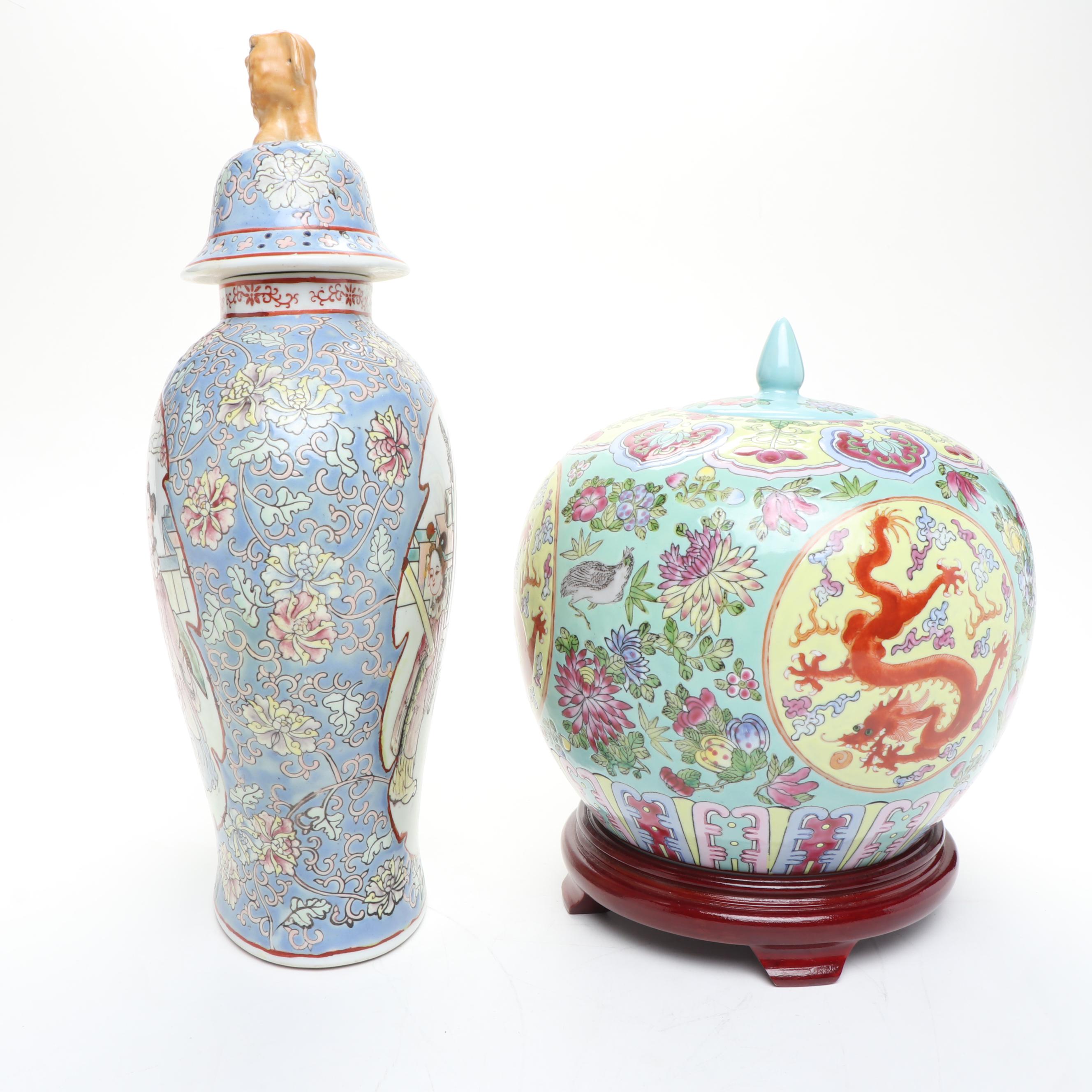 Chinese Porcelain Melon Jar on Wooden Base and Ginger Jar
