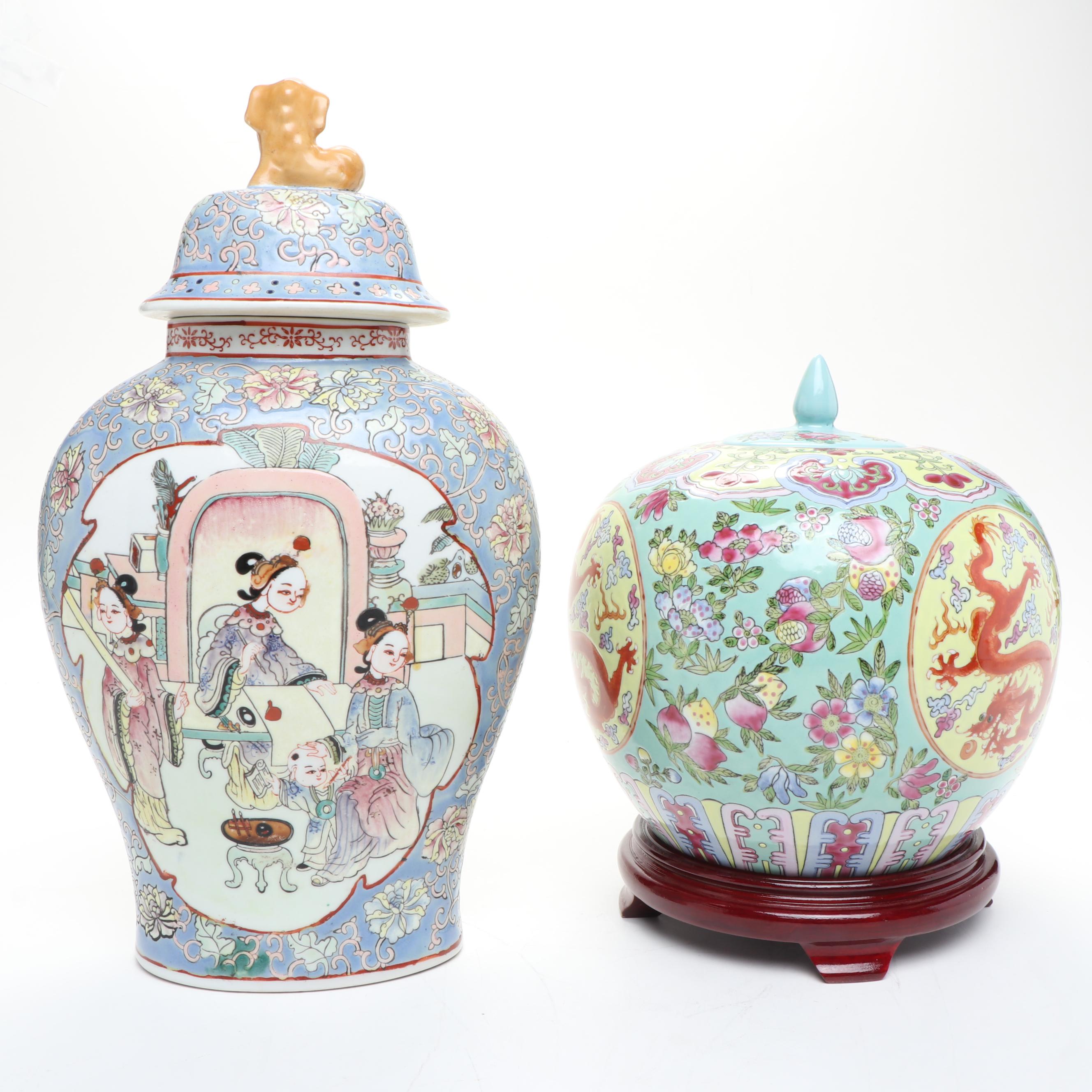Chinese Porcelain Melon Jar on Wooden Base and Ginger Jar