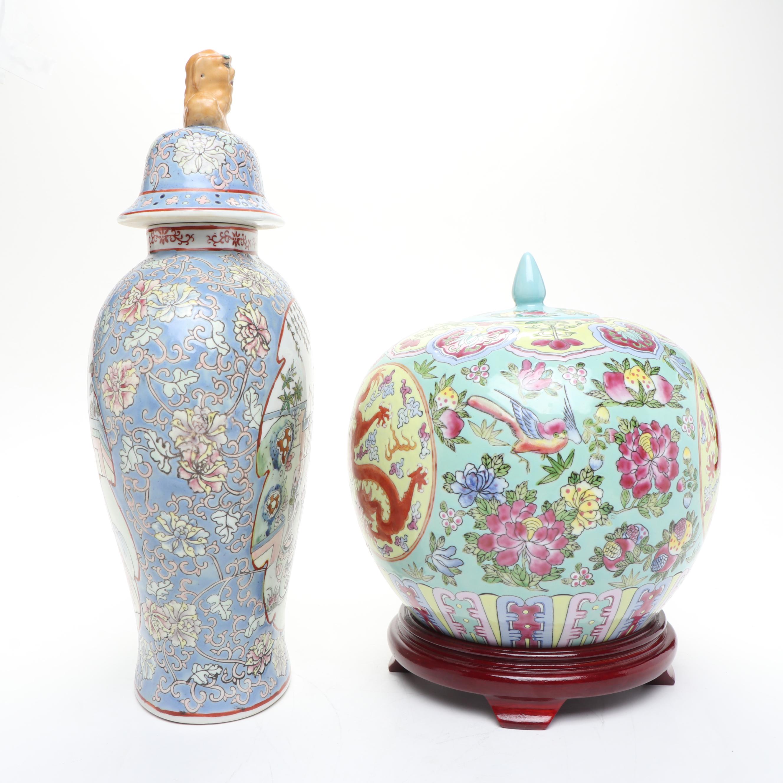 Chinese Porcelain Melon Jar on Wooden Base and Ginger Jar