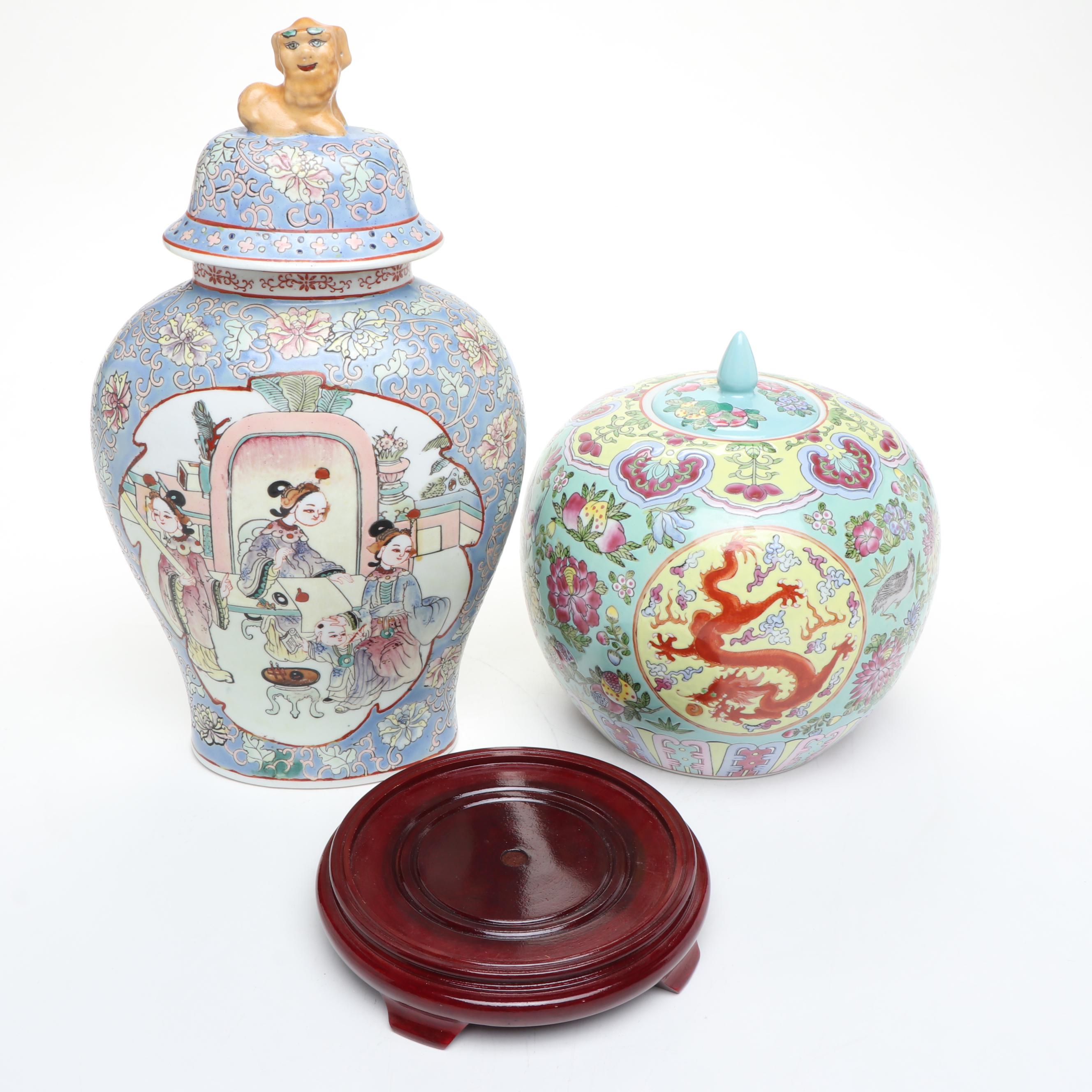 Chinese Porcelain Melon Jar on Wooden Base and Ginger Jar