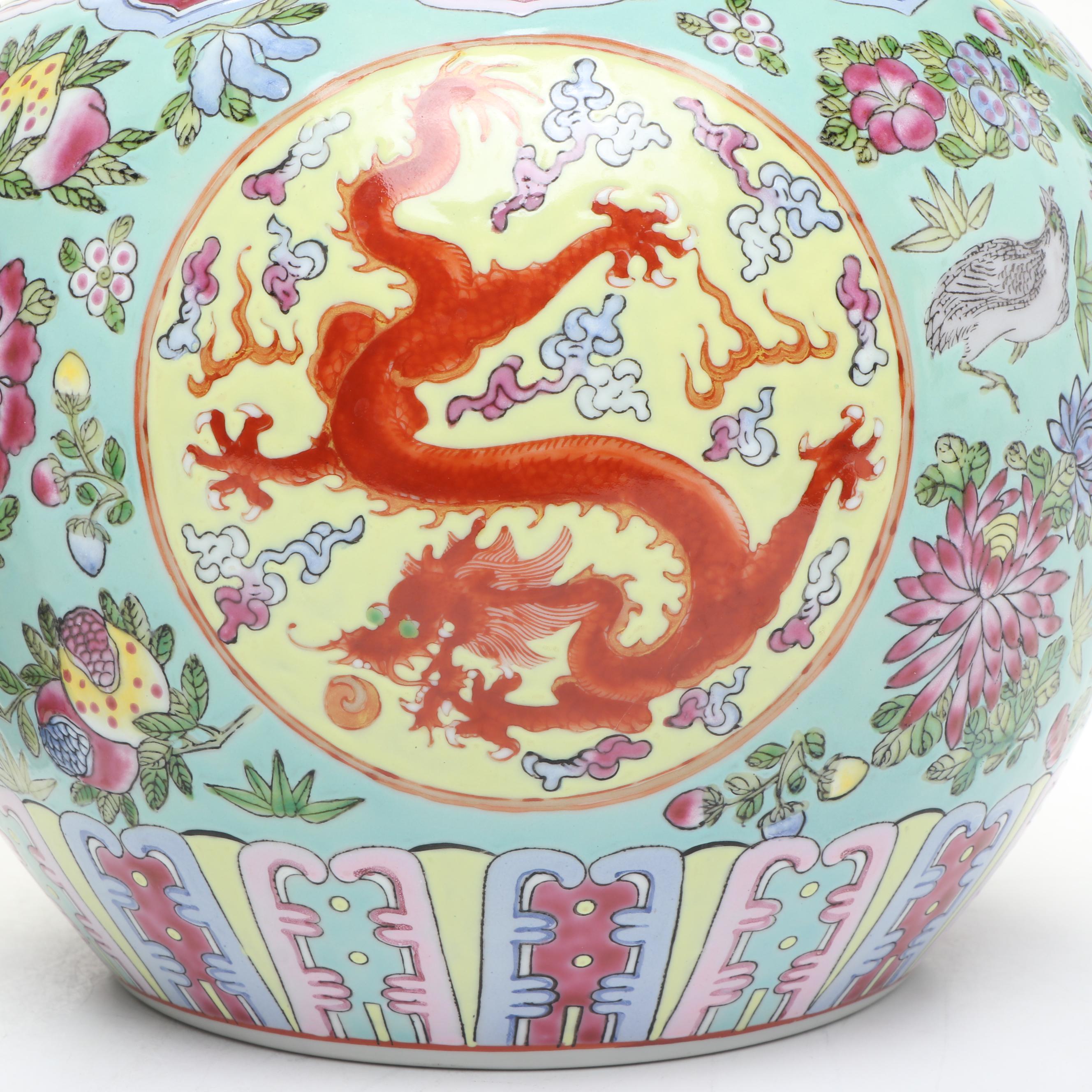 Chinese Porcelain Melon Jar on Wooden Base and Ginger Jar