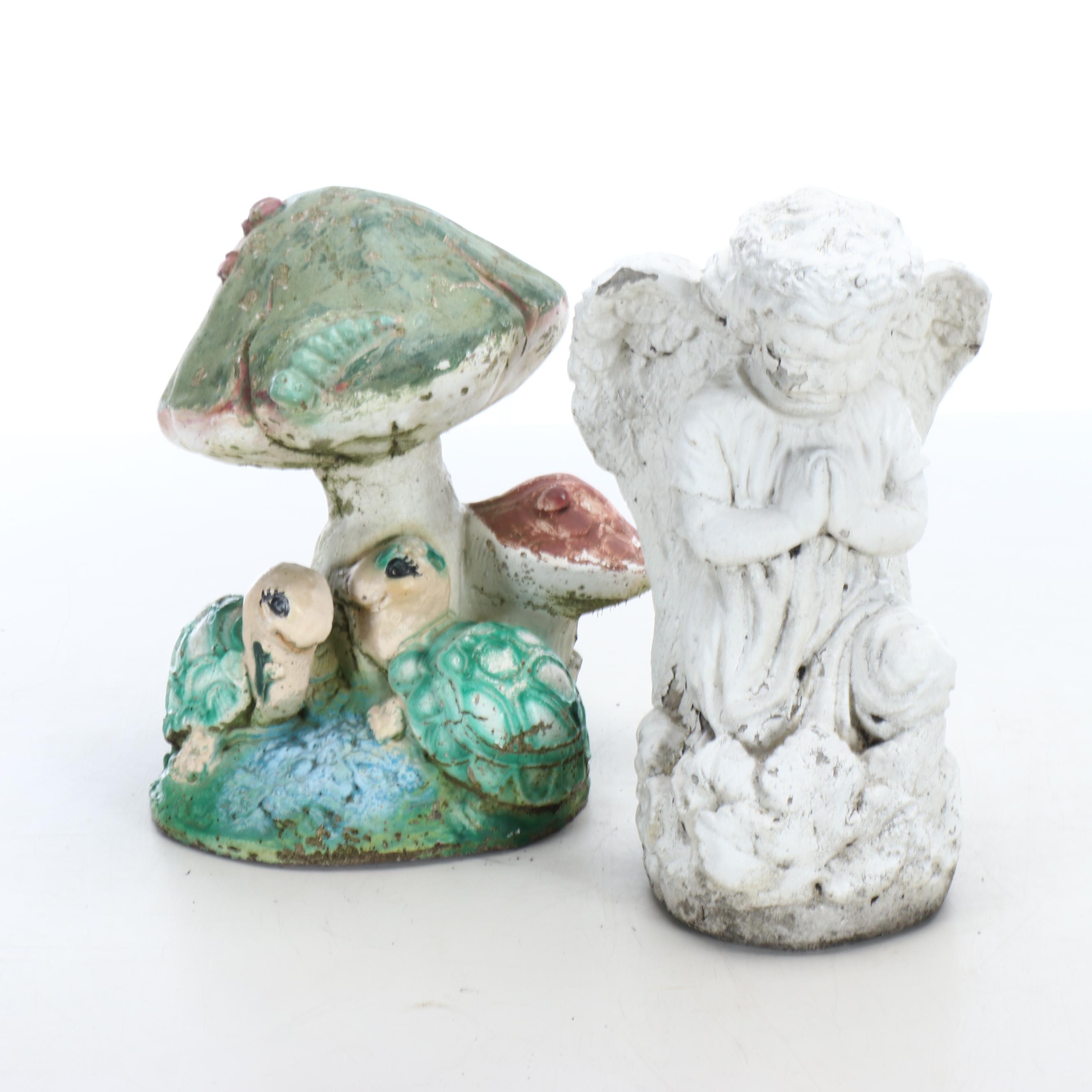 Painted Concrete Mushroom and Angel Garden Statues