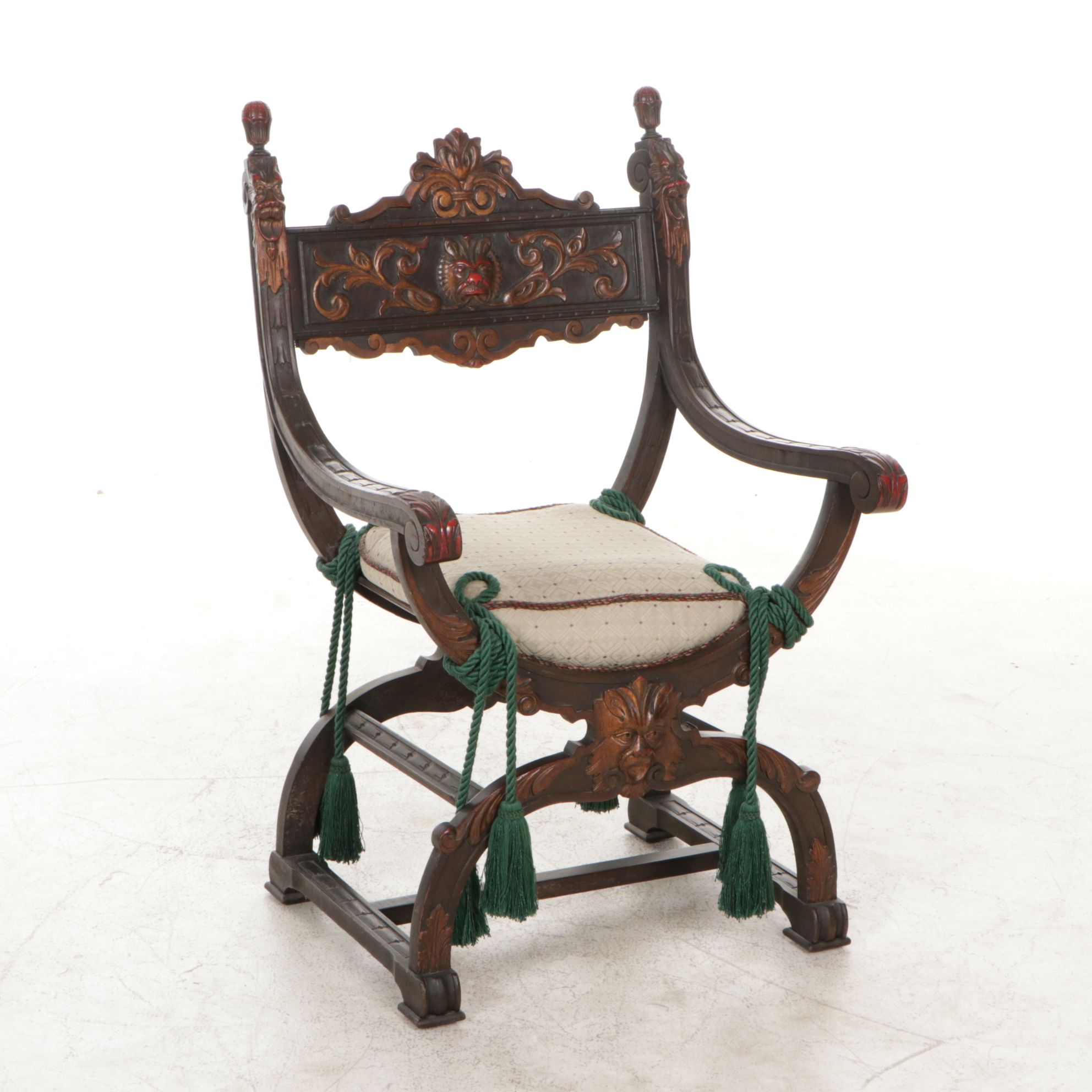Savonarola Style Chair with Carved North Wind Figures, Early 20th Century