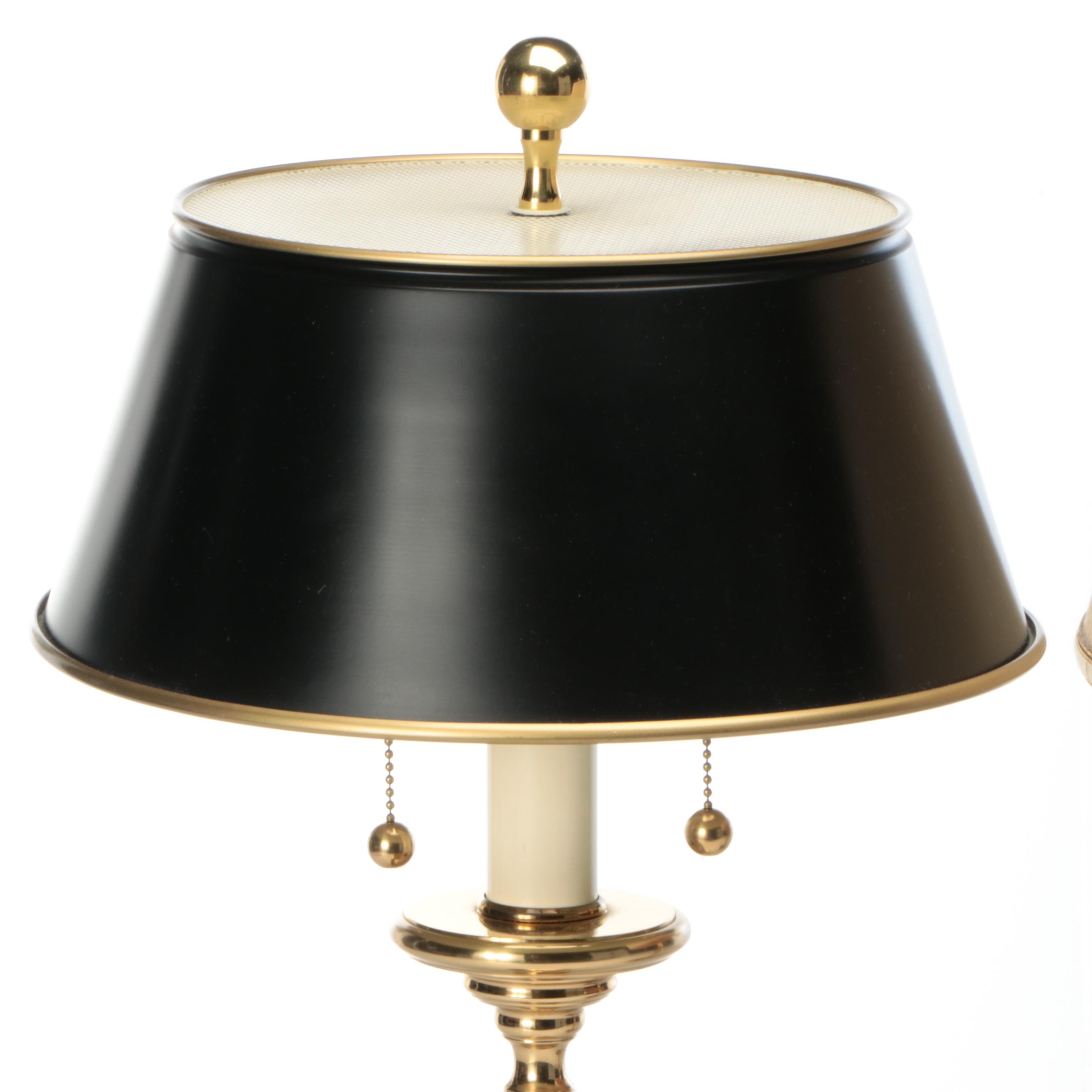 Spiral Brass and Candlestick Brass Table Lamps, Paper and Pleat Fabric Shades