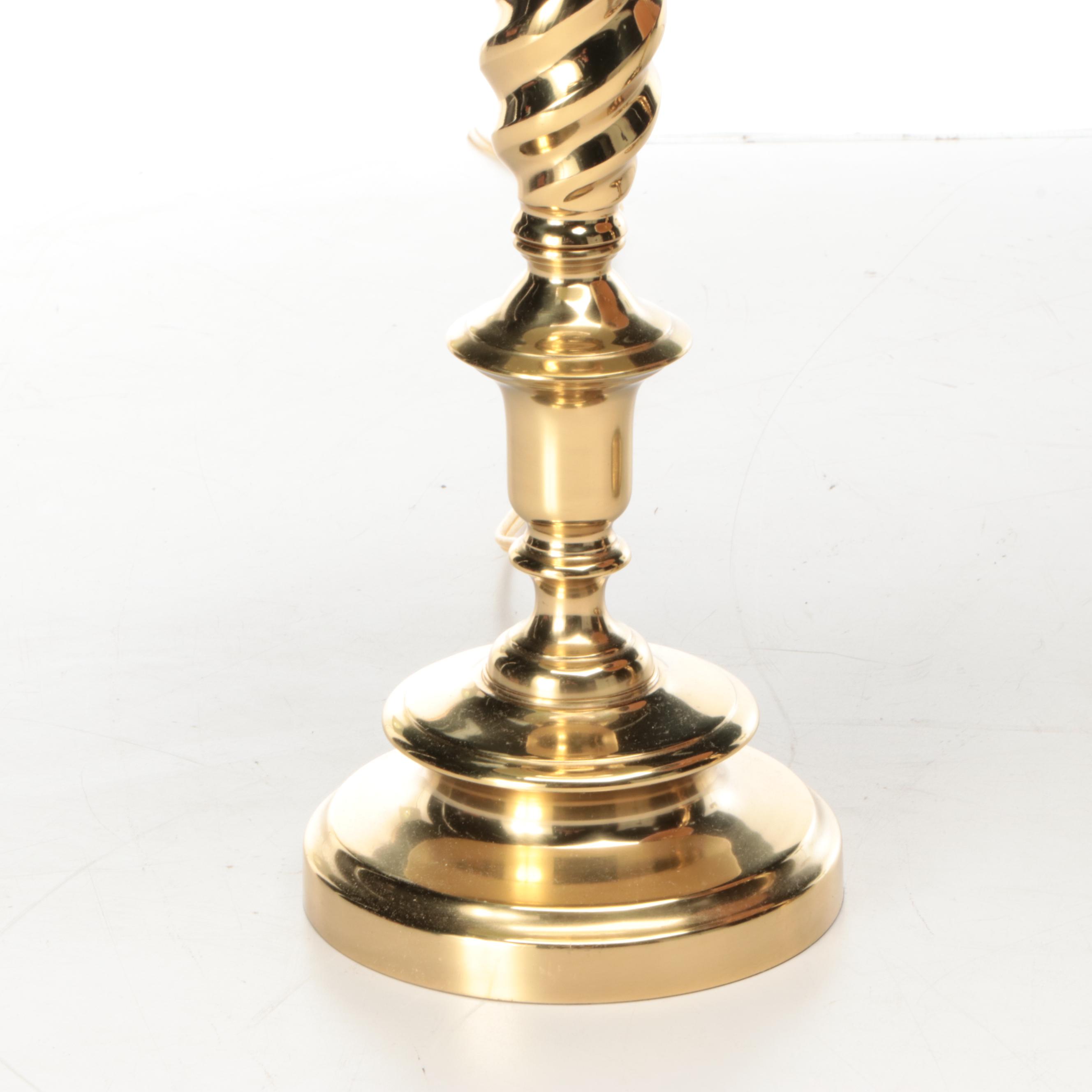 Spiral Brass and Candlestick Brass Table Lamps, Paper and Pleat Fabric Shades