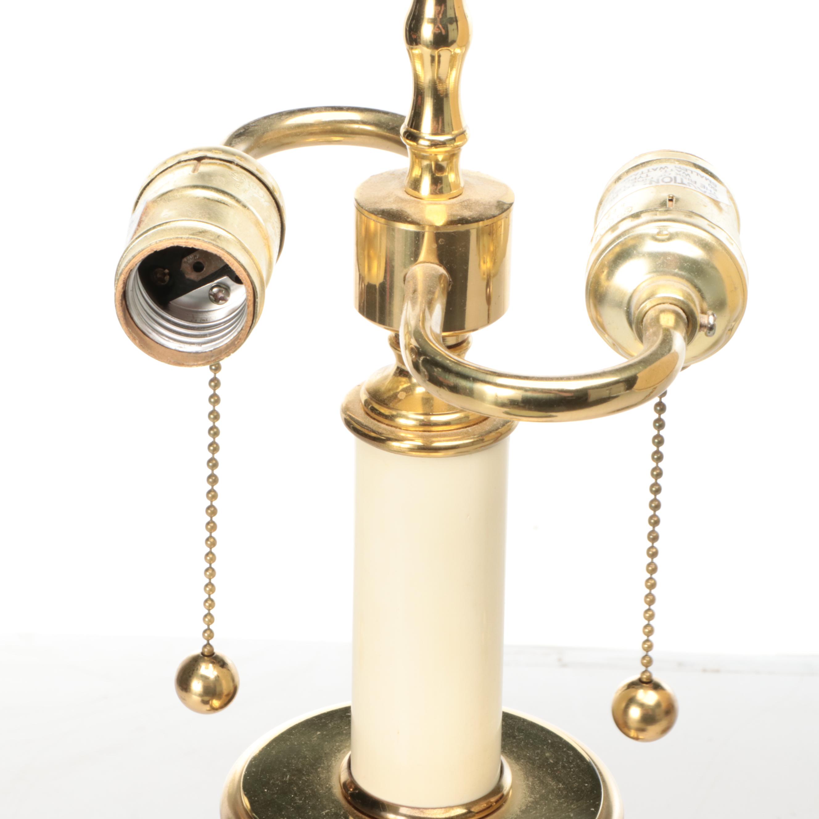 Spiral Brass and Candlestick Brass Table Lamps, Paper and Pleat Fabric Shades