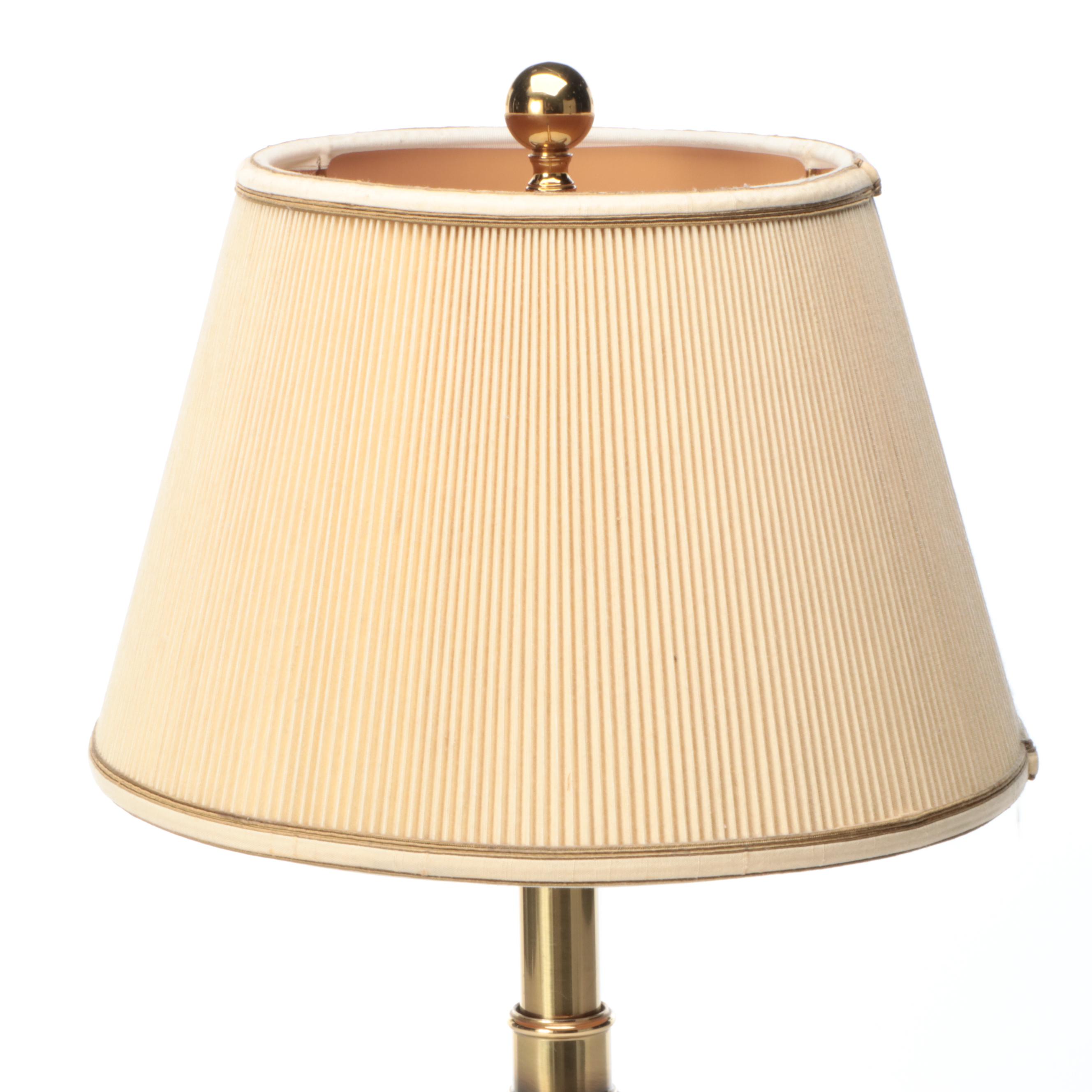 Spiral Brass and Candlestick Brass Table Lamps, Paper and Pleat Fabric Shades