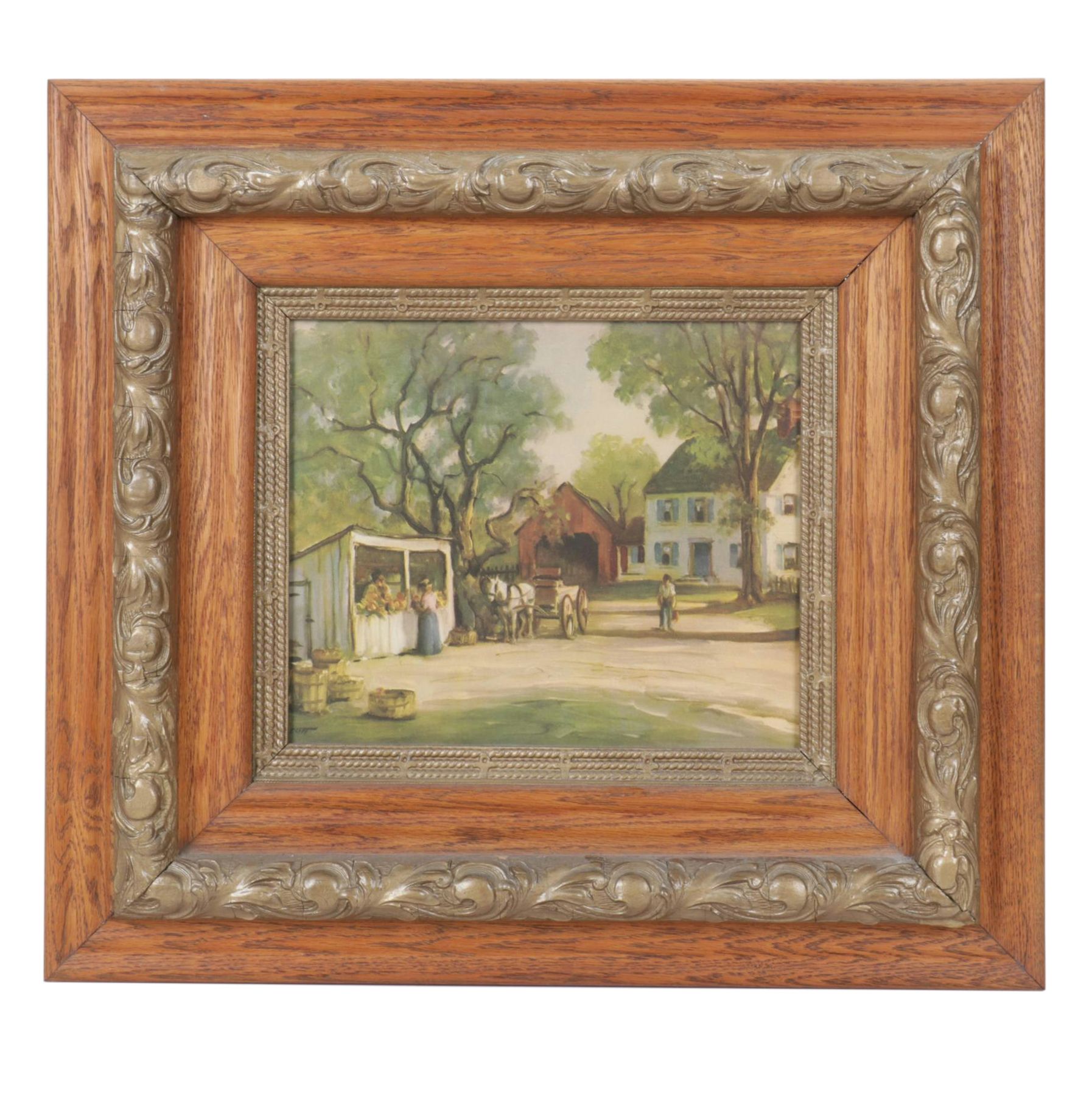 H.C. Walcott Impressionist Market and Horse Drawn Carriage Offset Lithograph