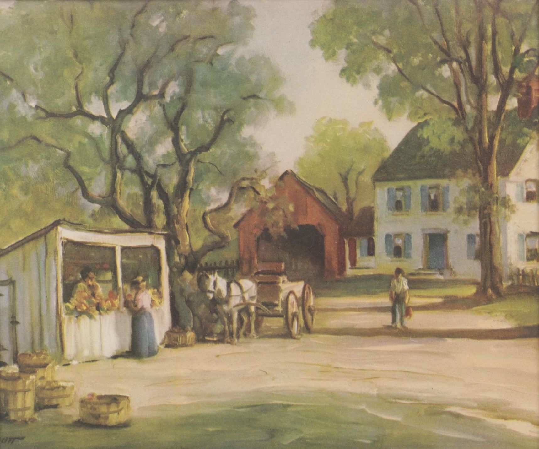 H.C. Walcott Impressionist Market and Horse Drawn Carriage Offset Lithograph