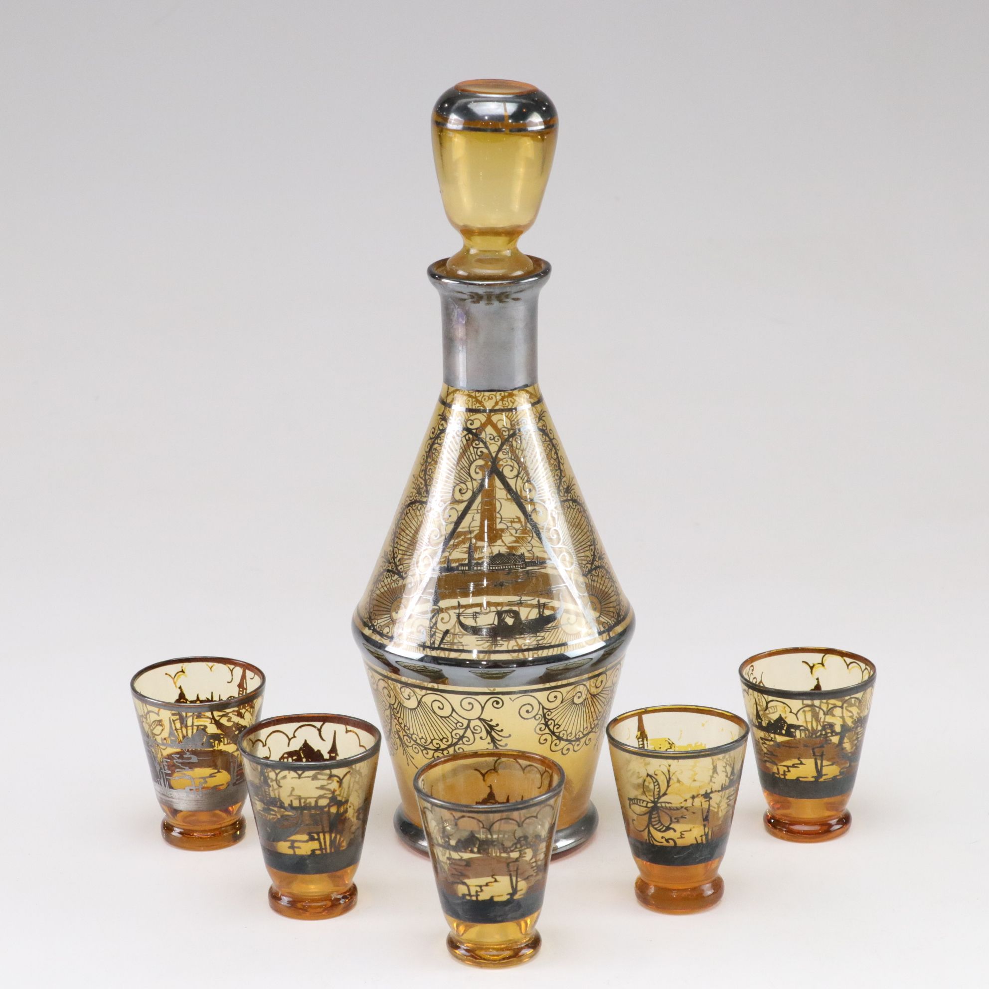 Venetian Silver Enamel Amber Glass Decanter and Liquor Glasses